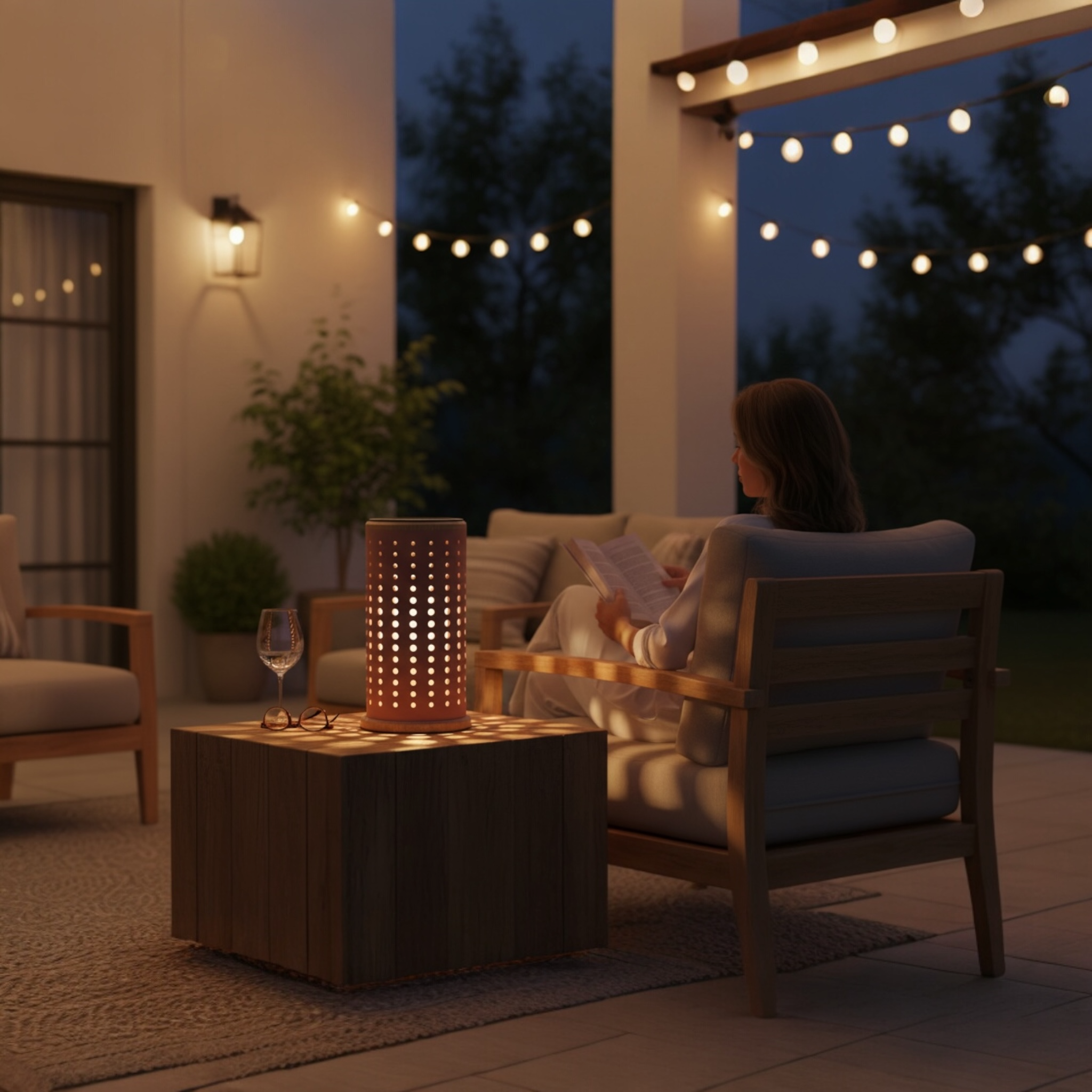 Détail sur la lampe solaire posée sur une table basse en soirée avec effet d'ombrage 