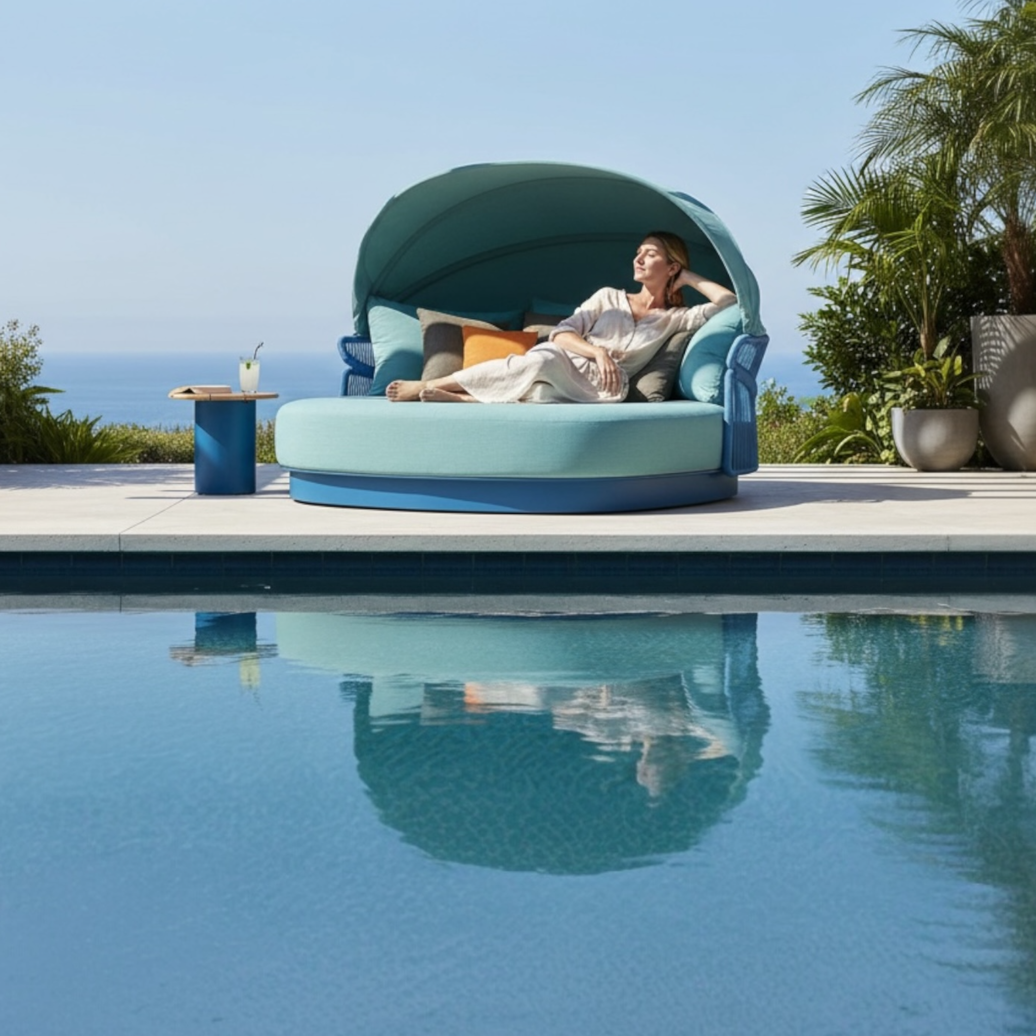 Lit de piscine double design avec auvent  laska bleu