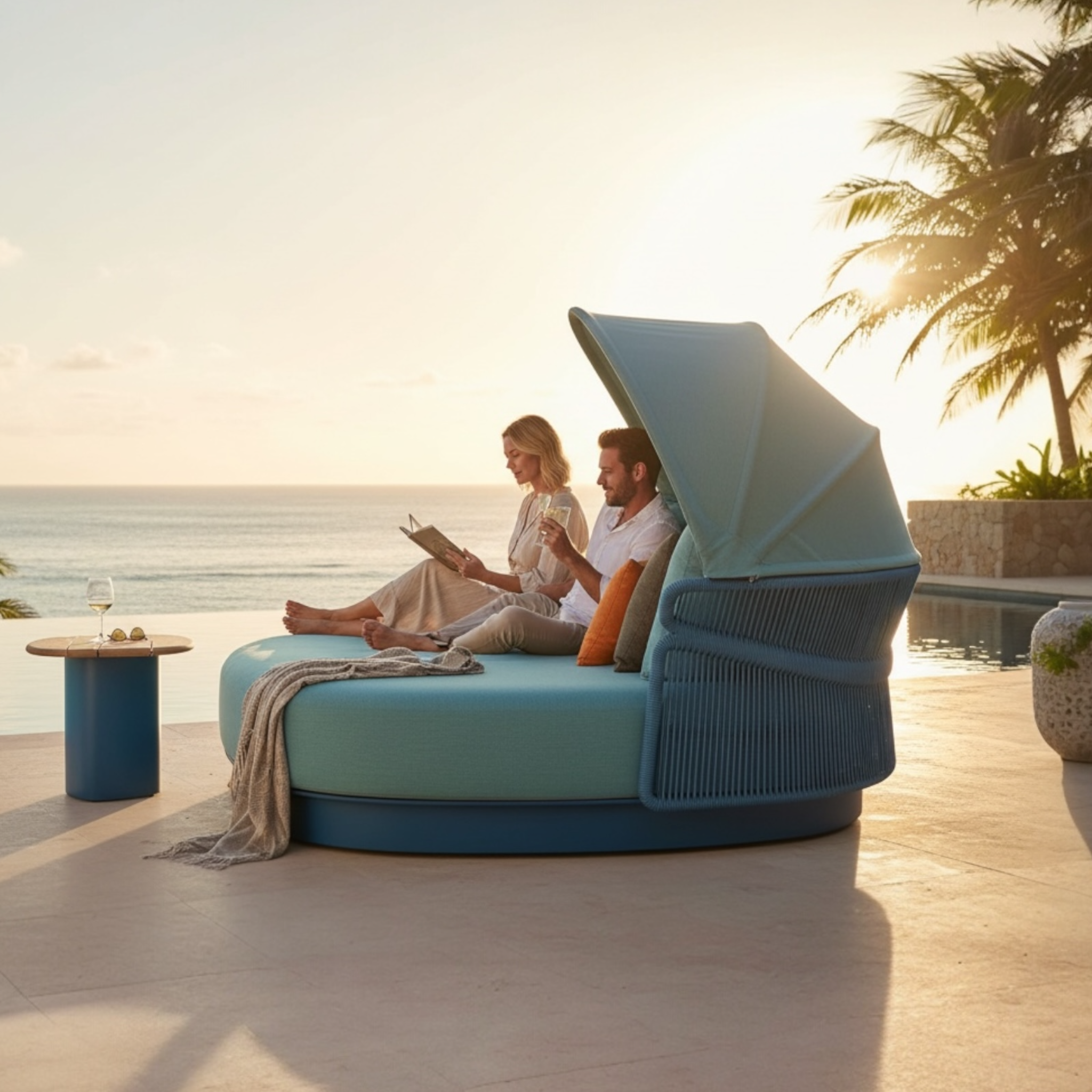 Bain de soleil double avec abris haut de gamme Laska bleu