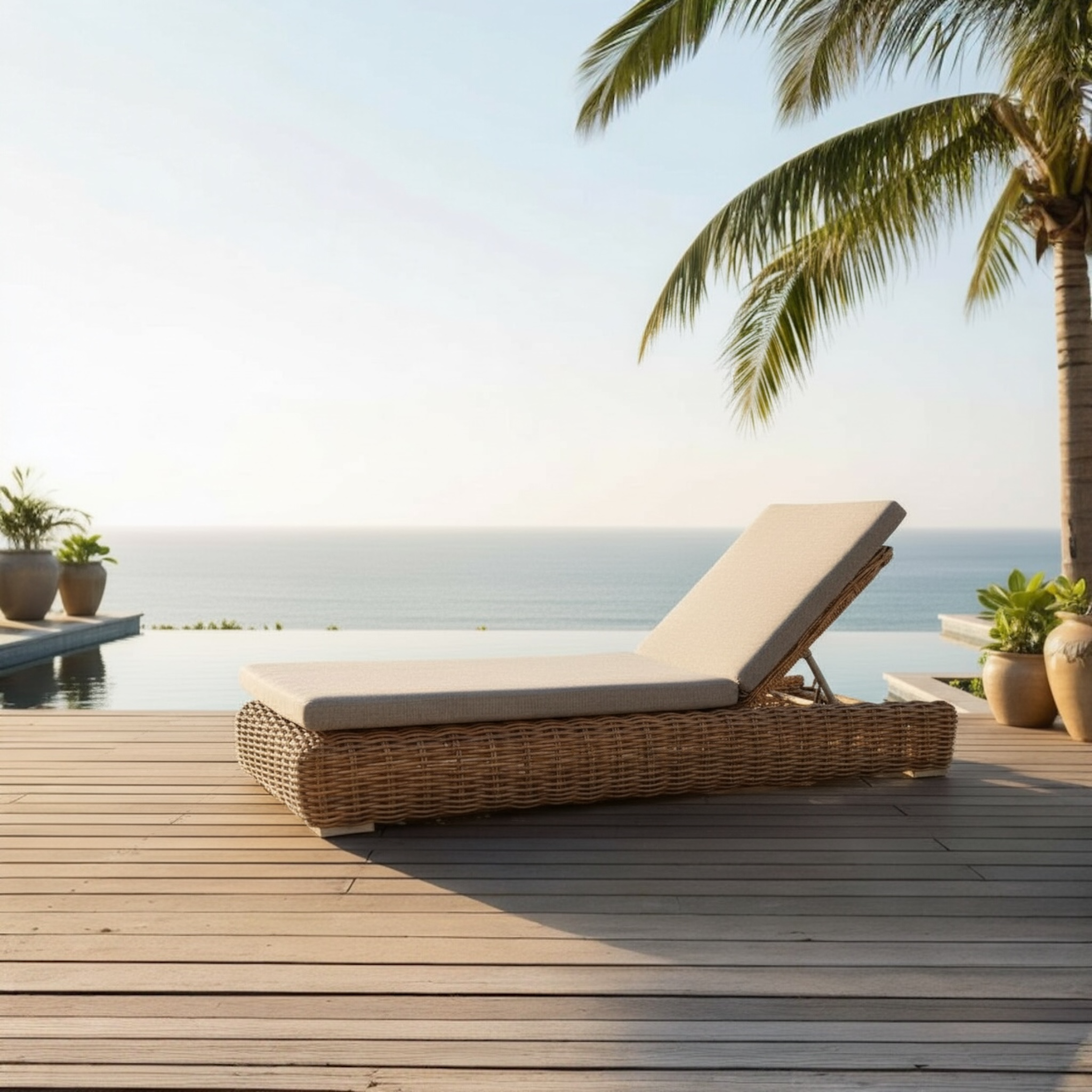 Lit de piscine design avec coussin en imitation rotin Bali osier