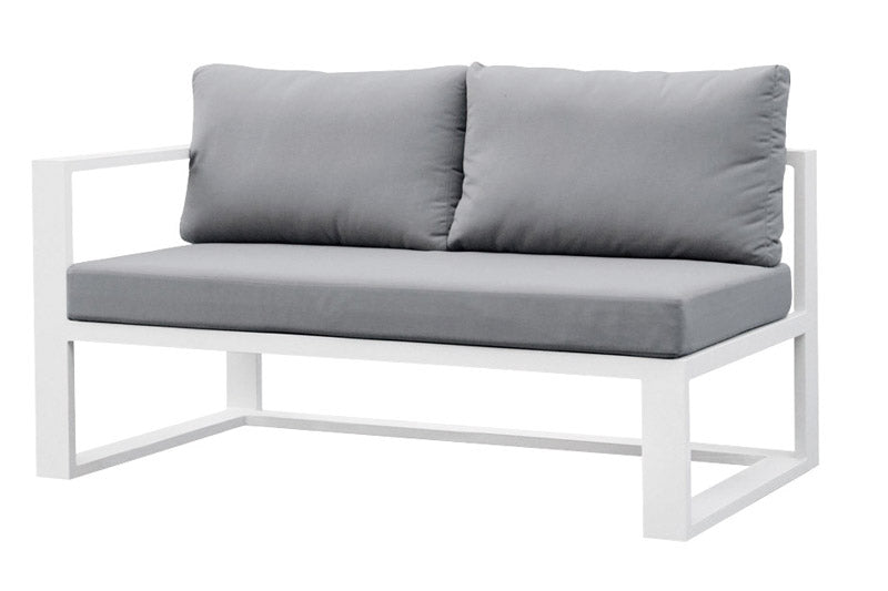 Canapé extérieur modulable en aluminium blanc haut de gamme avec coussins gris, design épuré et durable, mobilier de jardin.