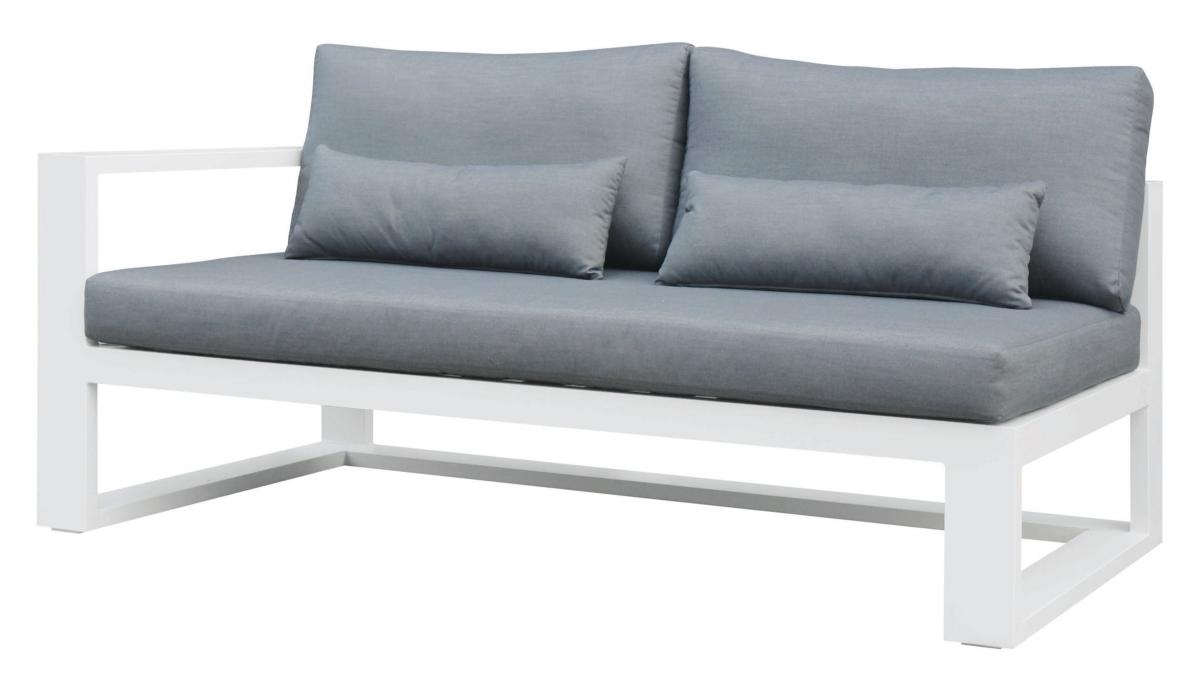 Salon d'angle luxe en aluminium haut de gamme blanc mat, coussins gris en tissu 100% oléfine, housse déperlante et déhoussable.
