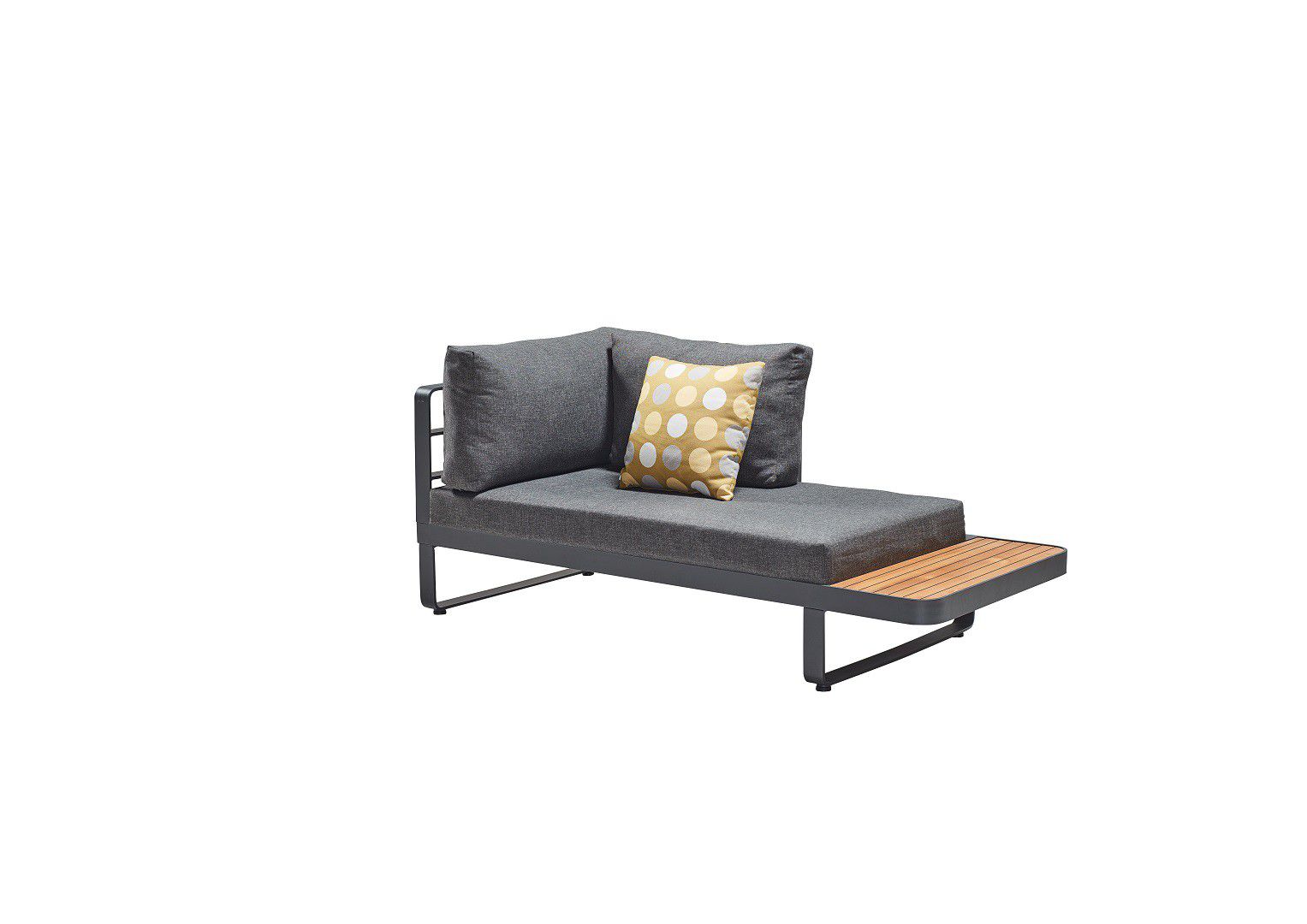 Salon de jardin d'angle en aluminium haut de gamme avec peinture epoxy noire mate, coussins gris élégants et table intégrée.