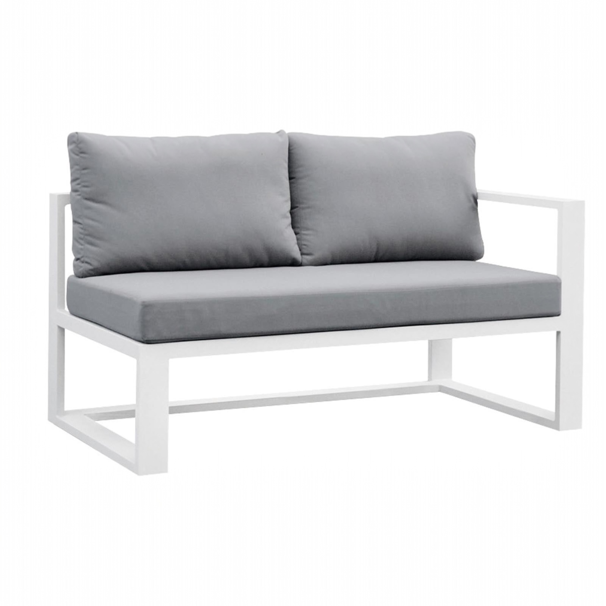 Méridienne gauche modulable en aluminium blanc mat, coussins gris épais en tissu résistant, design haut de gamme élégant.