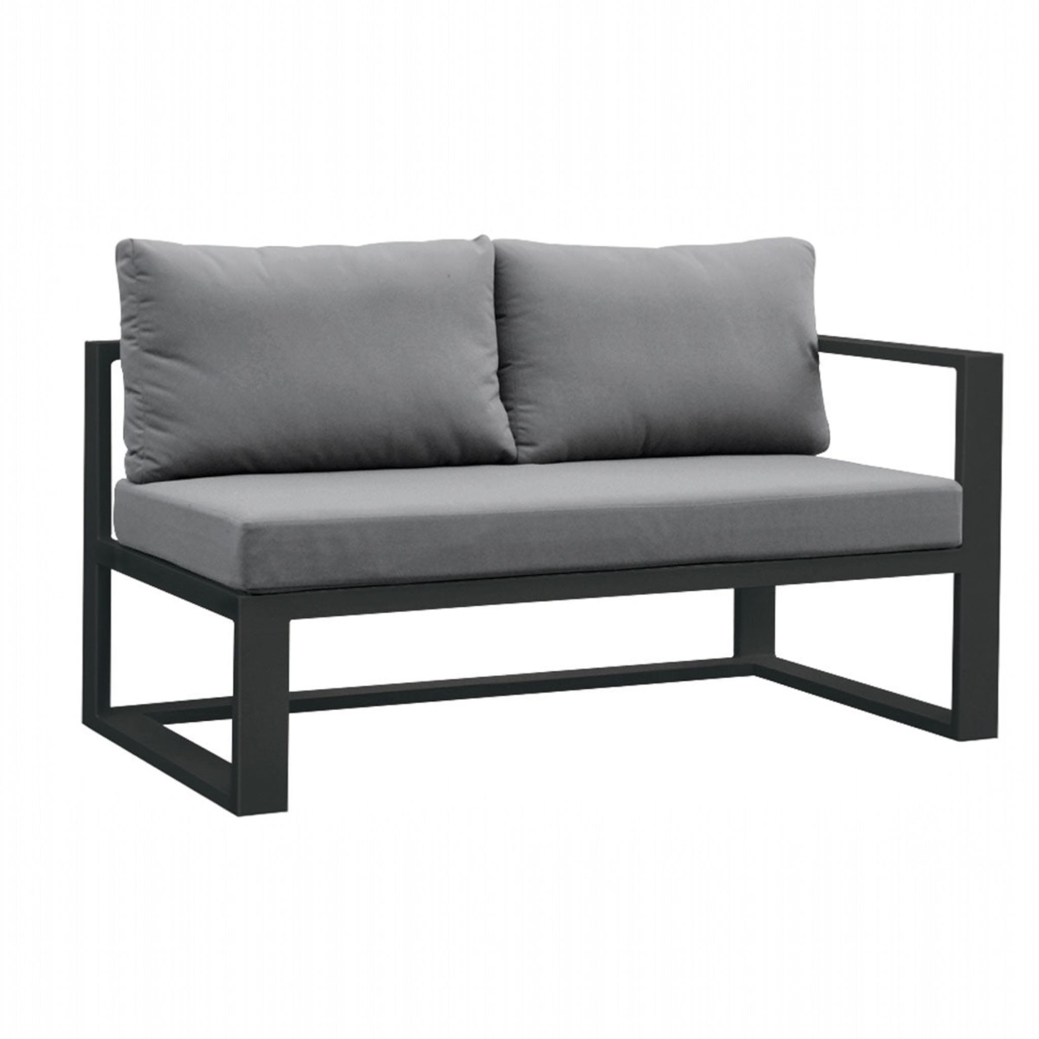 Méridienne gauche modulable en aluminium noir mat, coussins gris foncé épais, design élégant et haut de gamme. 
