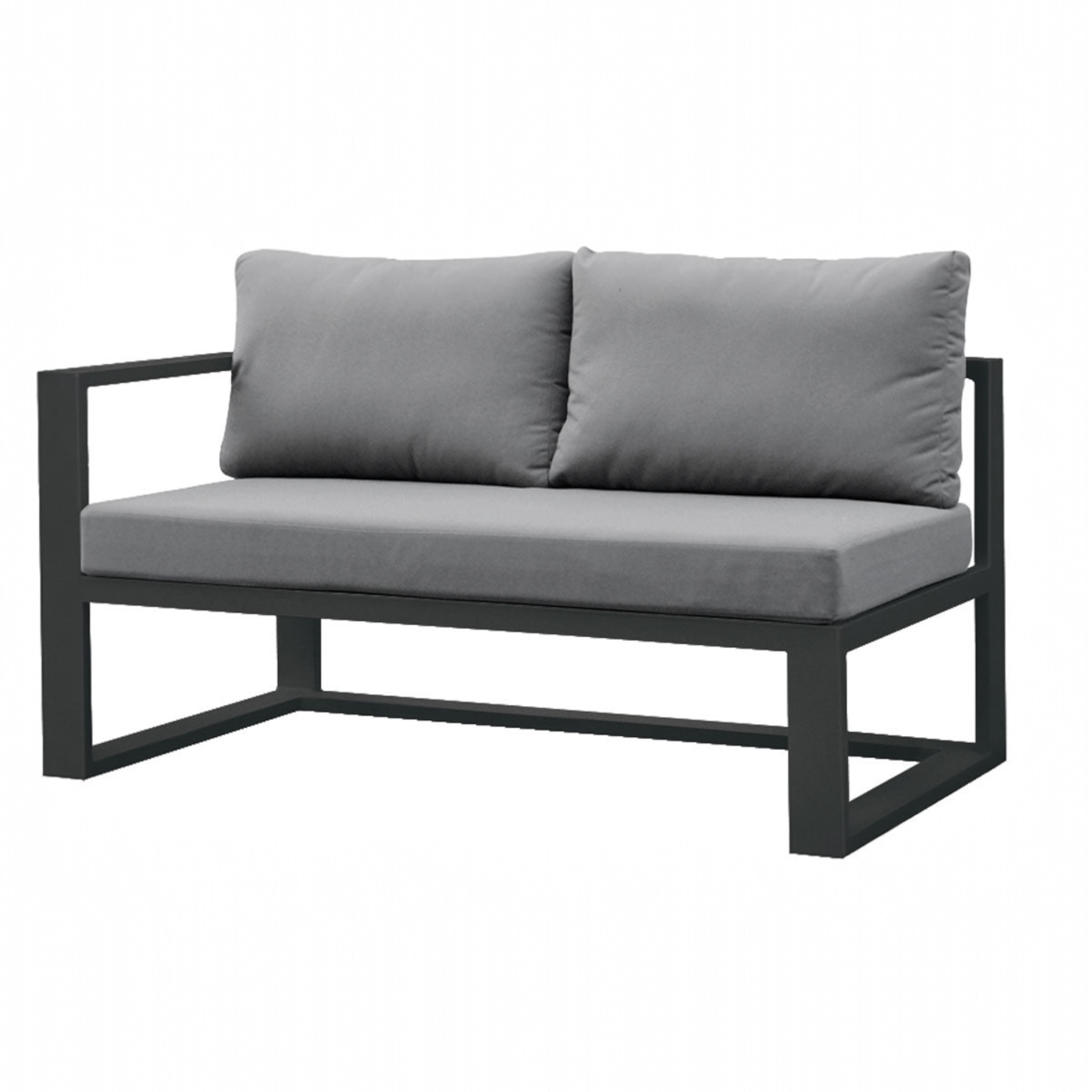Méridienne gauche 2 places en aluminium noir avec coussin gris. 