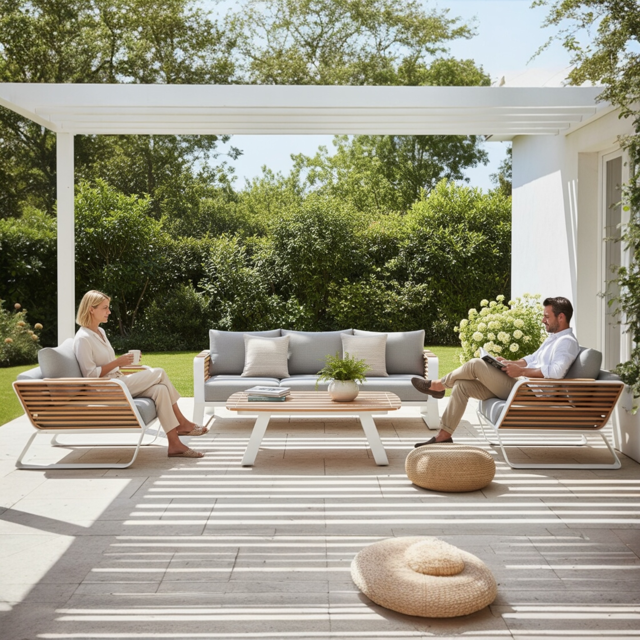 Salon de jardin AILY BIS en aluminium blanc et teck, design Pininfarina