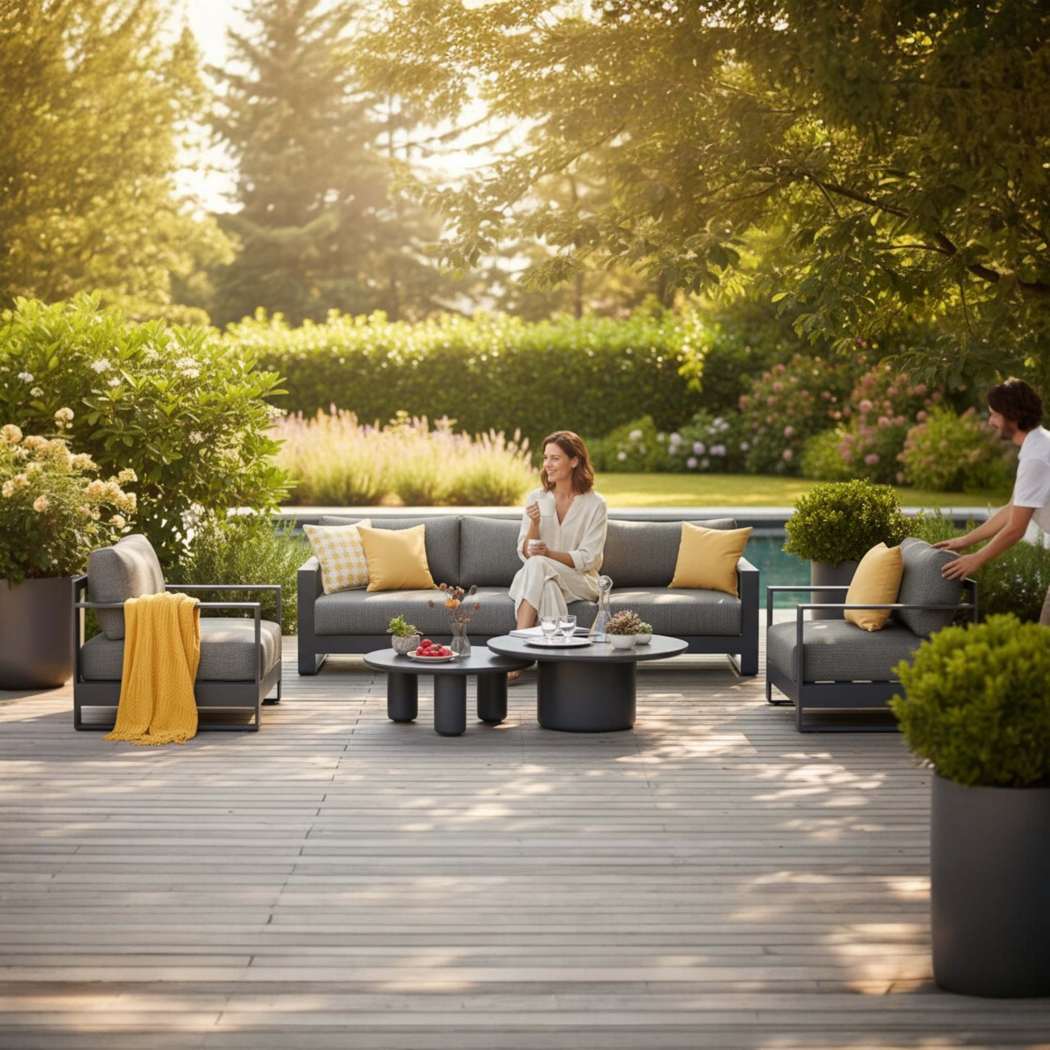 Salon jardin modulable 5 places en aluminium haut de gamme noir, coussins gris oléfine Sunproof, design premium élégant.