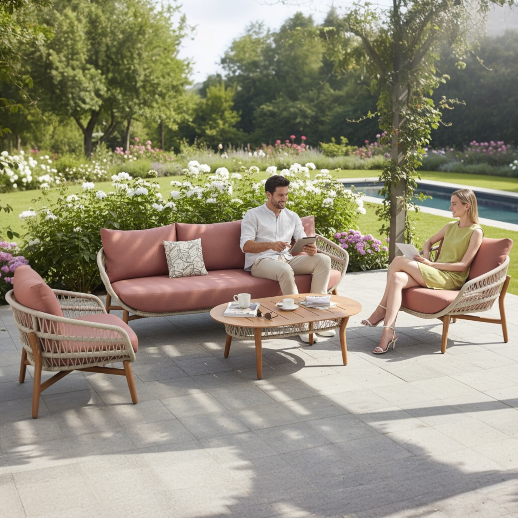 Salon de jardin 5 places en teck et corde sable avec coussins rose pastel