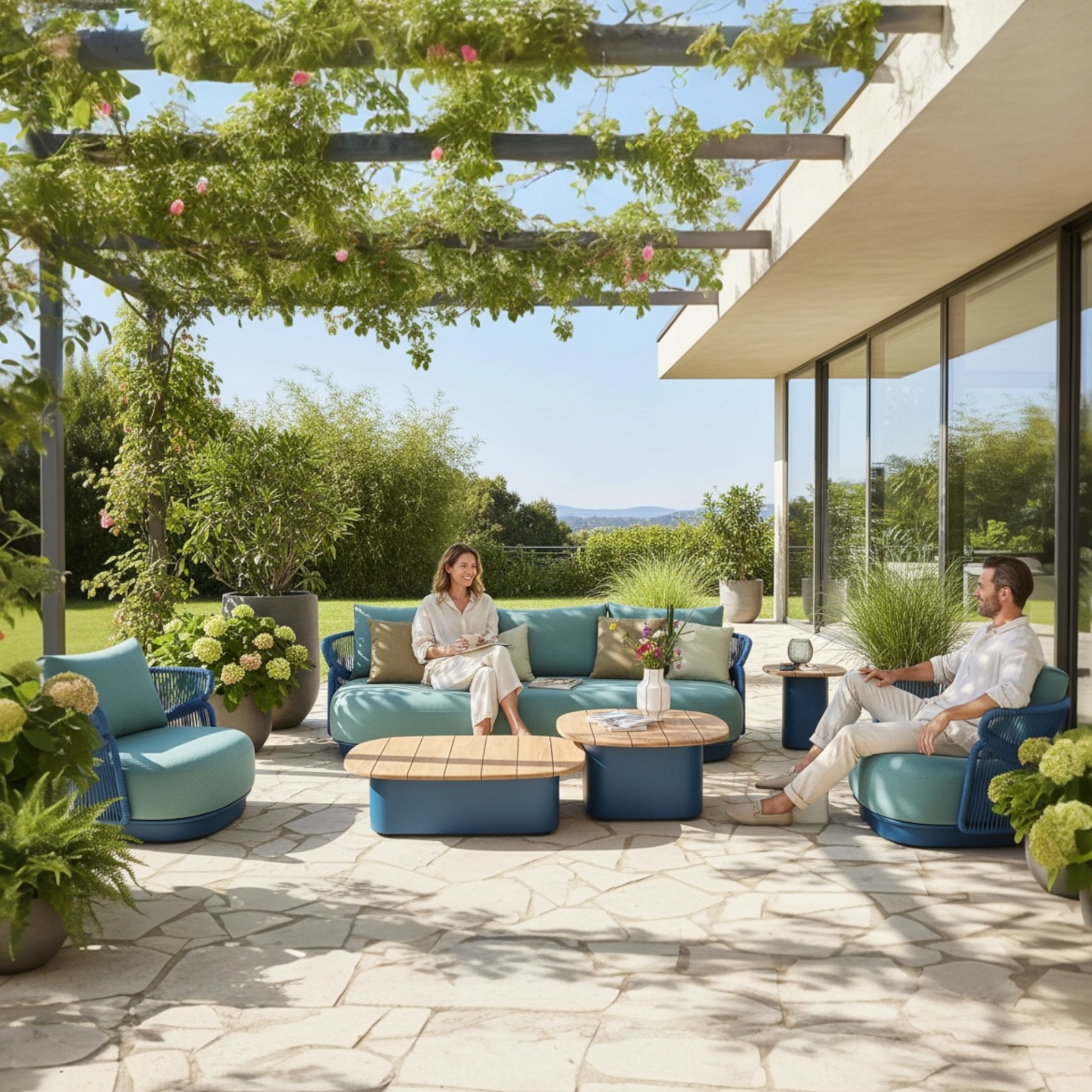 Canapé de jardin luxe en aluminium et corde bleu 