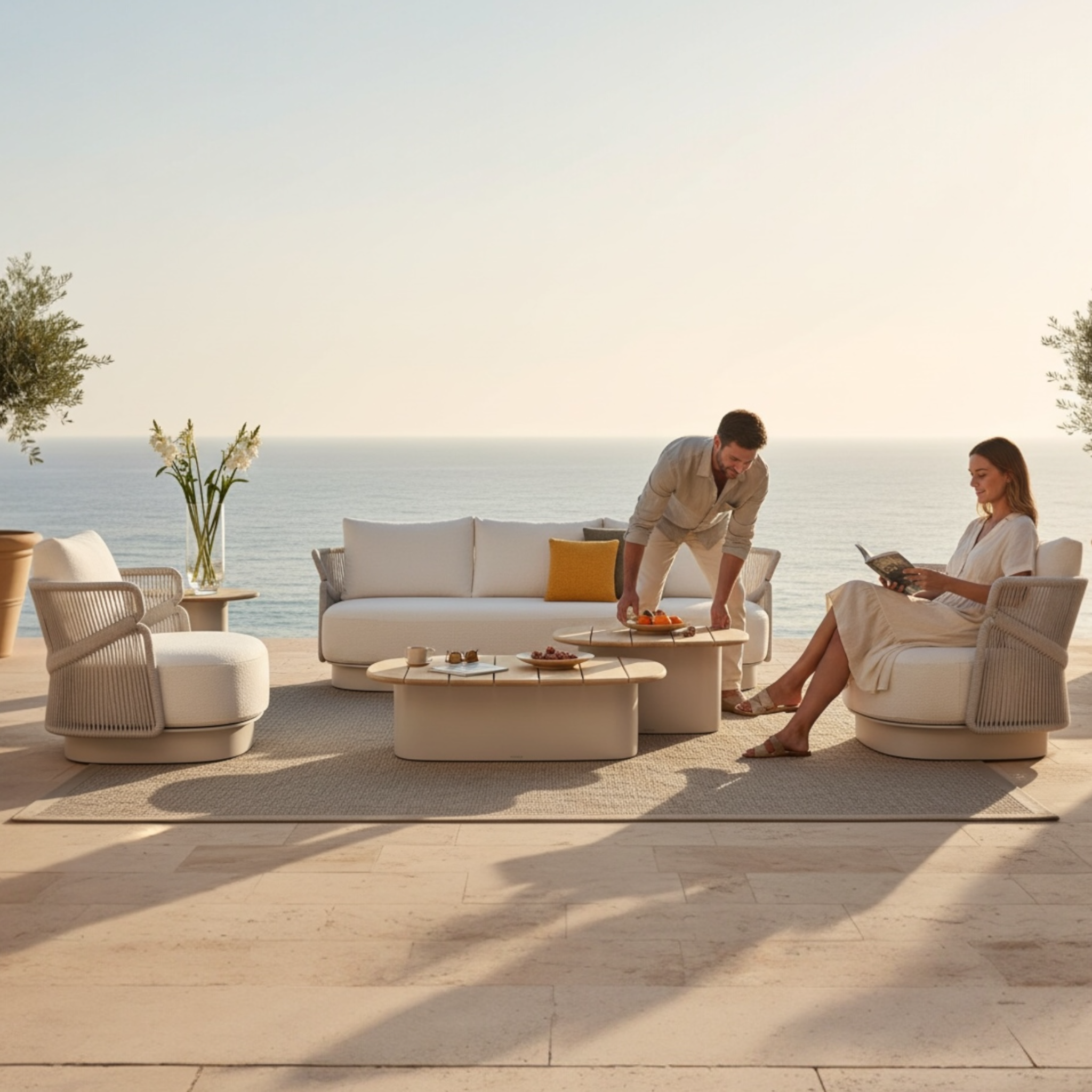 Canapé de jardin luxe en aluminium et corde tressée beige avec tables basses en teck 