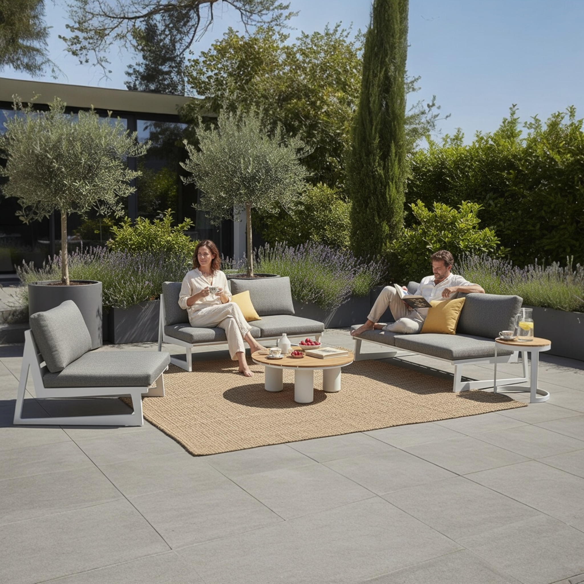 Salon de jardin d’angle LEO en aluminium blanc avec coussins gris