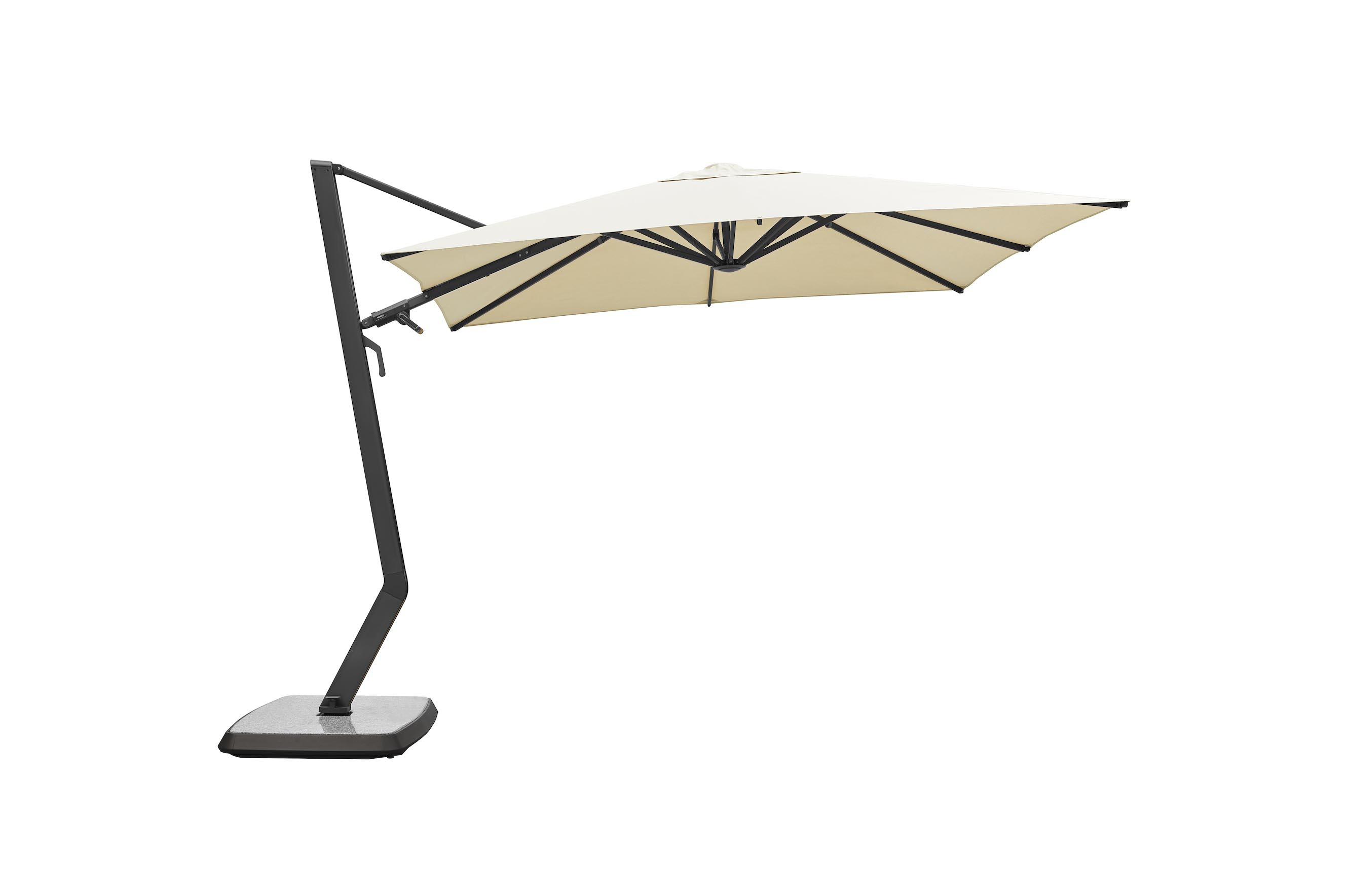 Parasol déporté haut de gamme en aluminium gris avec toile beige Sunbrella, design Pininfarina, base marbre et structure.