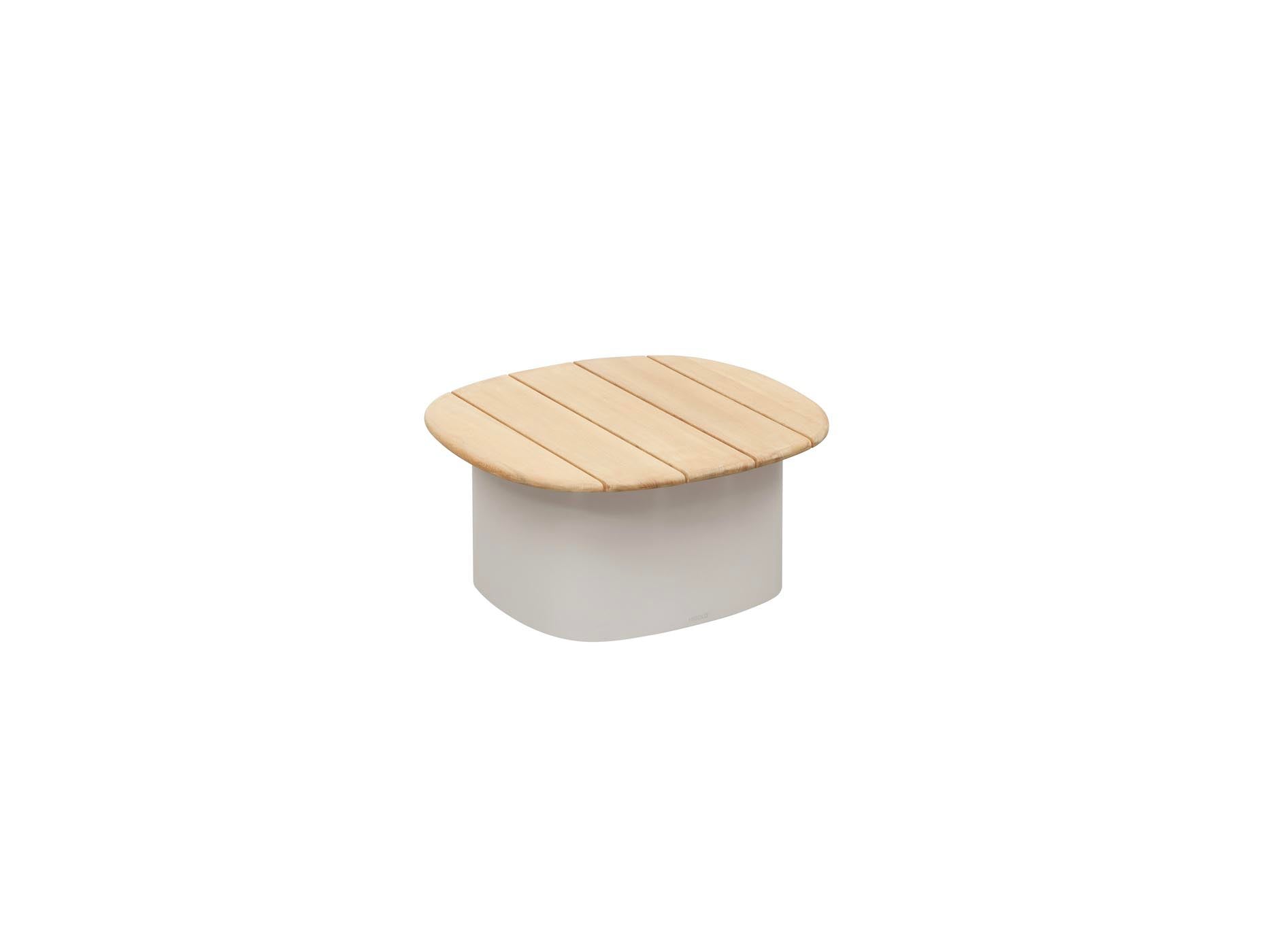 Table basse ronde avec plateau en teck FSC clair, base beige en aluminium, design italien luxueux et haut de gamme, cordage.