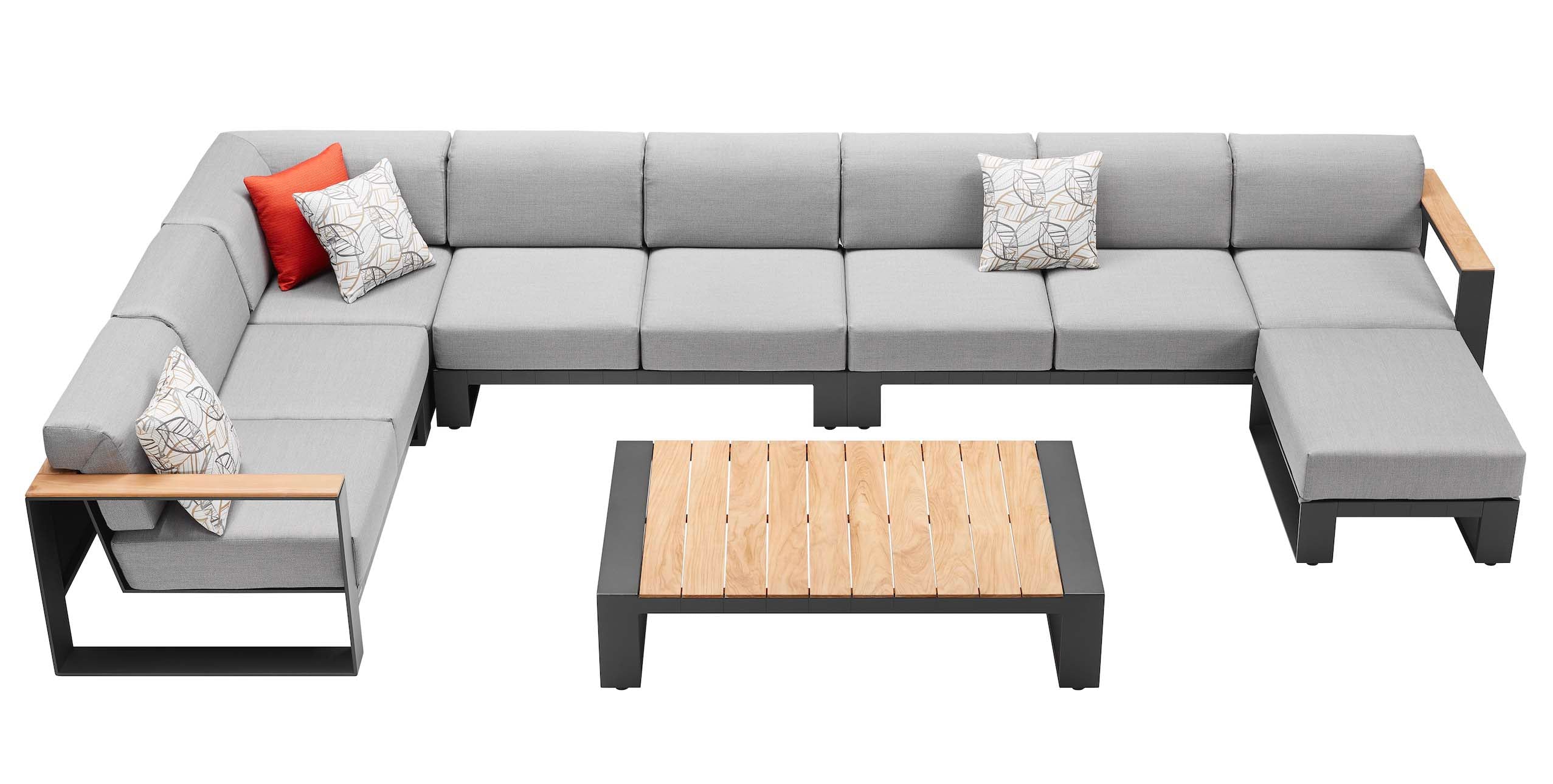 Canapé d’angle contemporain en aluminium noir avec coussins en tissu acrylique gris clair, coussins déhoussables et.