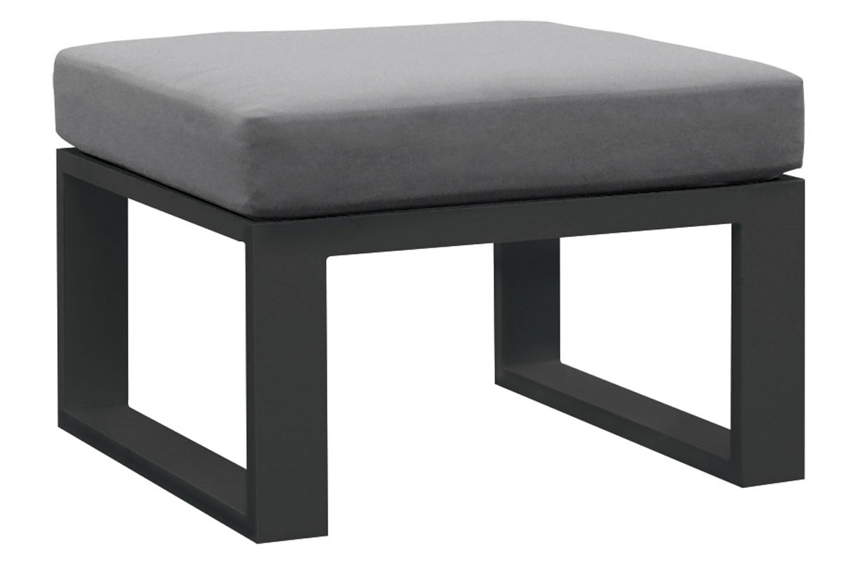 Pouf modulable en aluminium noir mat avec coussin gris épais, design épuré et haut de gamme, parfait pour jardin extérieur.