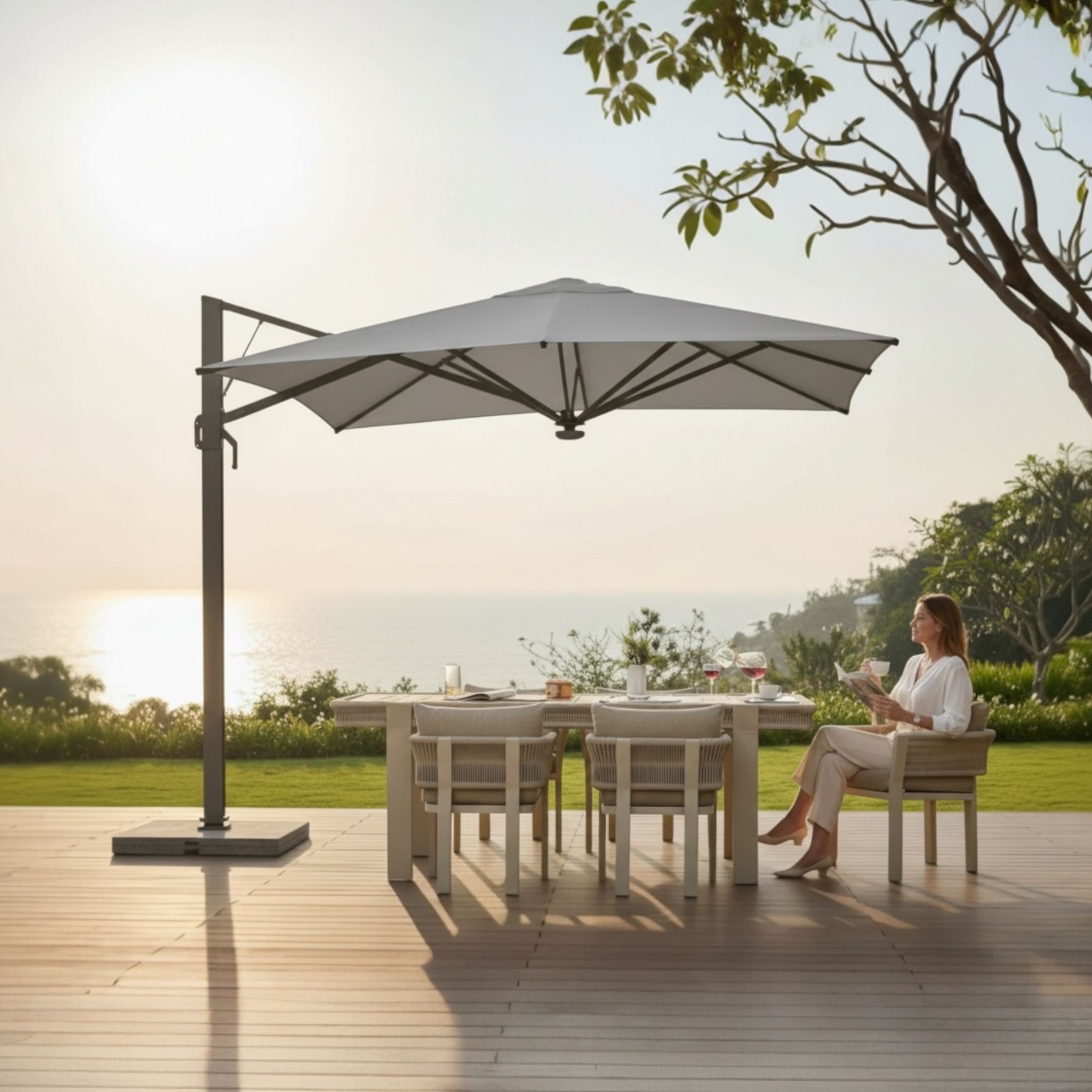 Parasol déporté carré gris perle avec mât et socle anthracite, système de rotation à 360 degrés