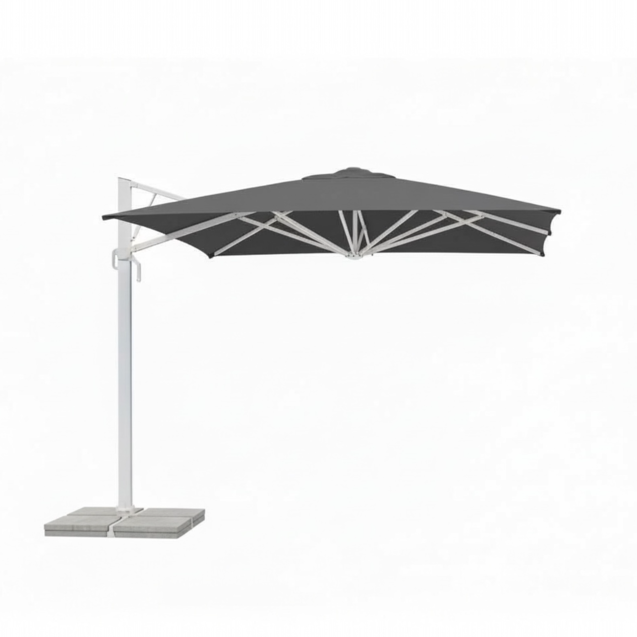 Parasol excentré carré gris anthracite avec socle à dalles lestables et mât aluminium blanc
