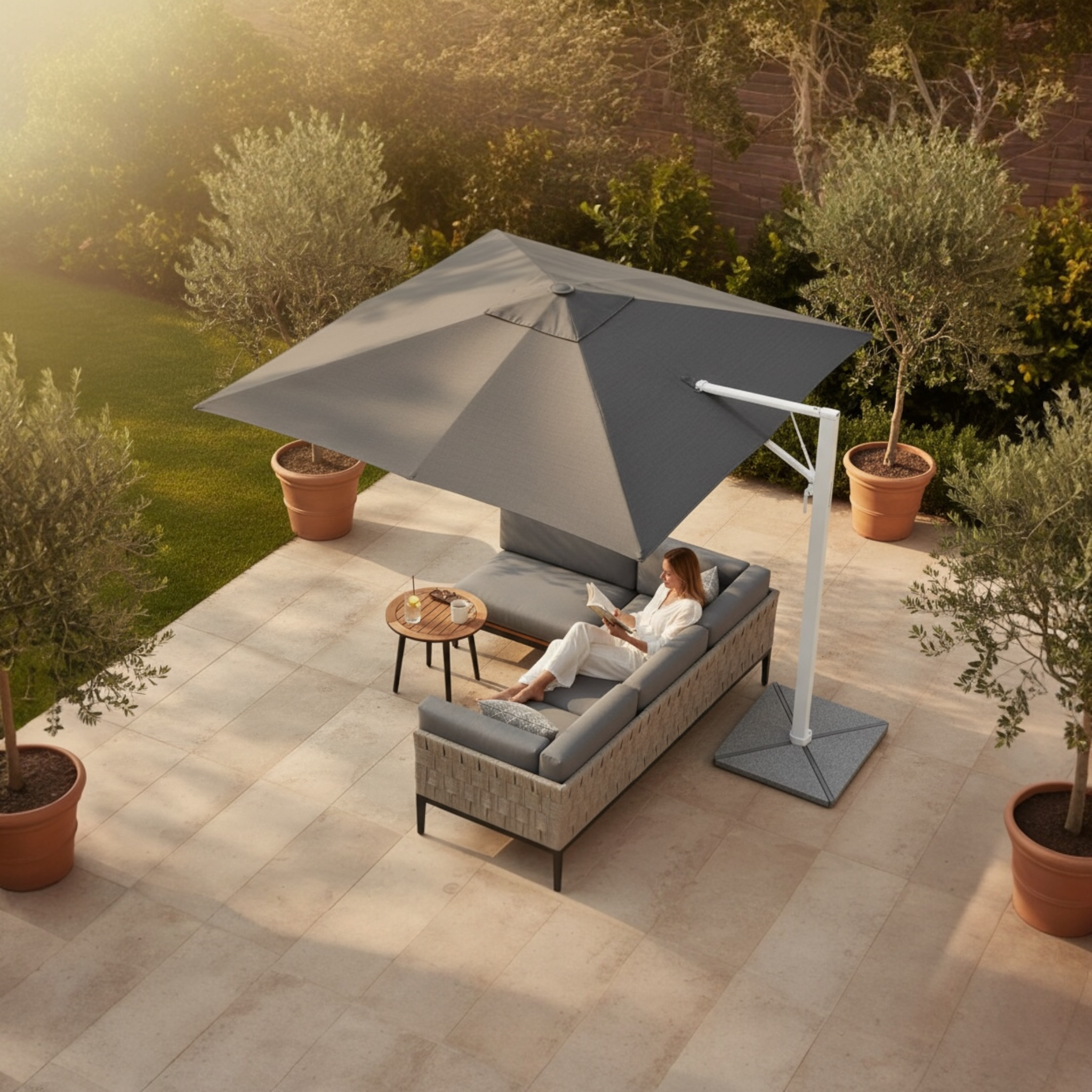 Parasol déporté carré gris anthracite avec pied excentré blanc, offrant une ombre généreuse sur une terrasse