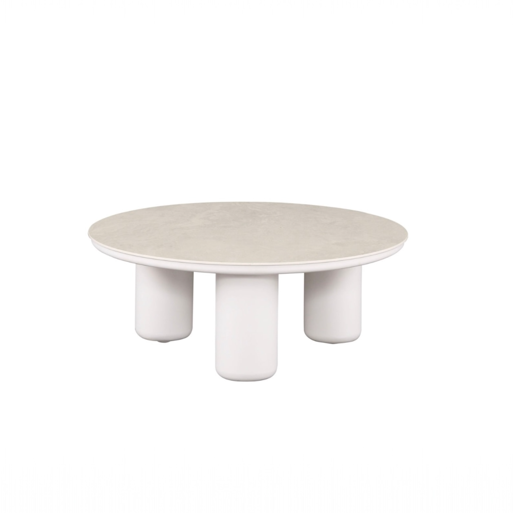 Table basse ronde IRIS en aluminium blanc avec plateau céramique sable