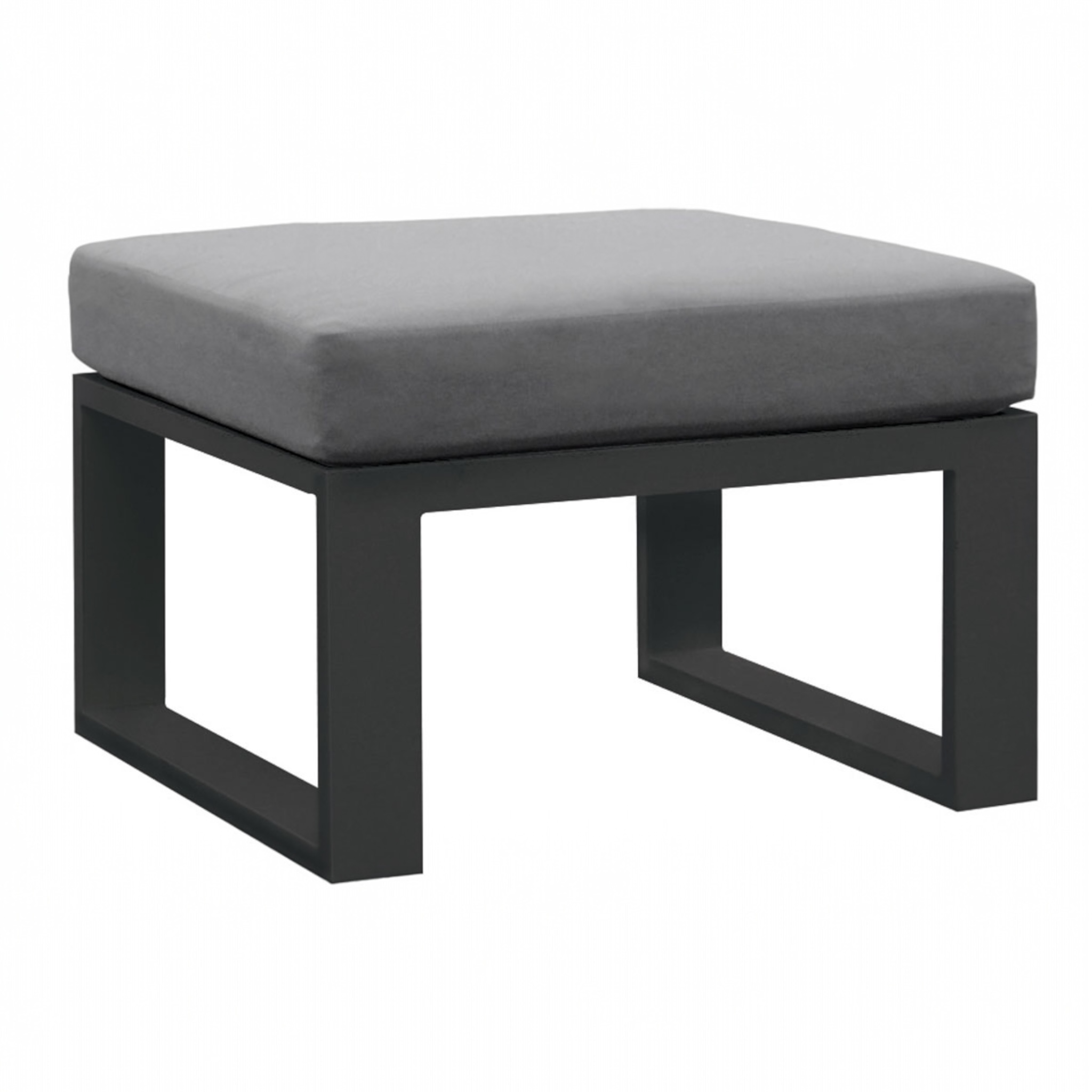 Pouf modulable en aluminium noir mat avec coussin gris épais, design élégant et haut de gamme pour jardin extérieur luxe. 