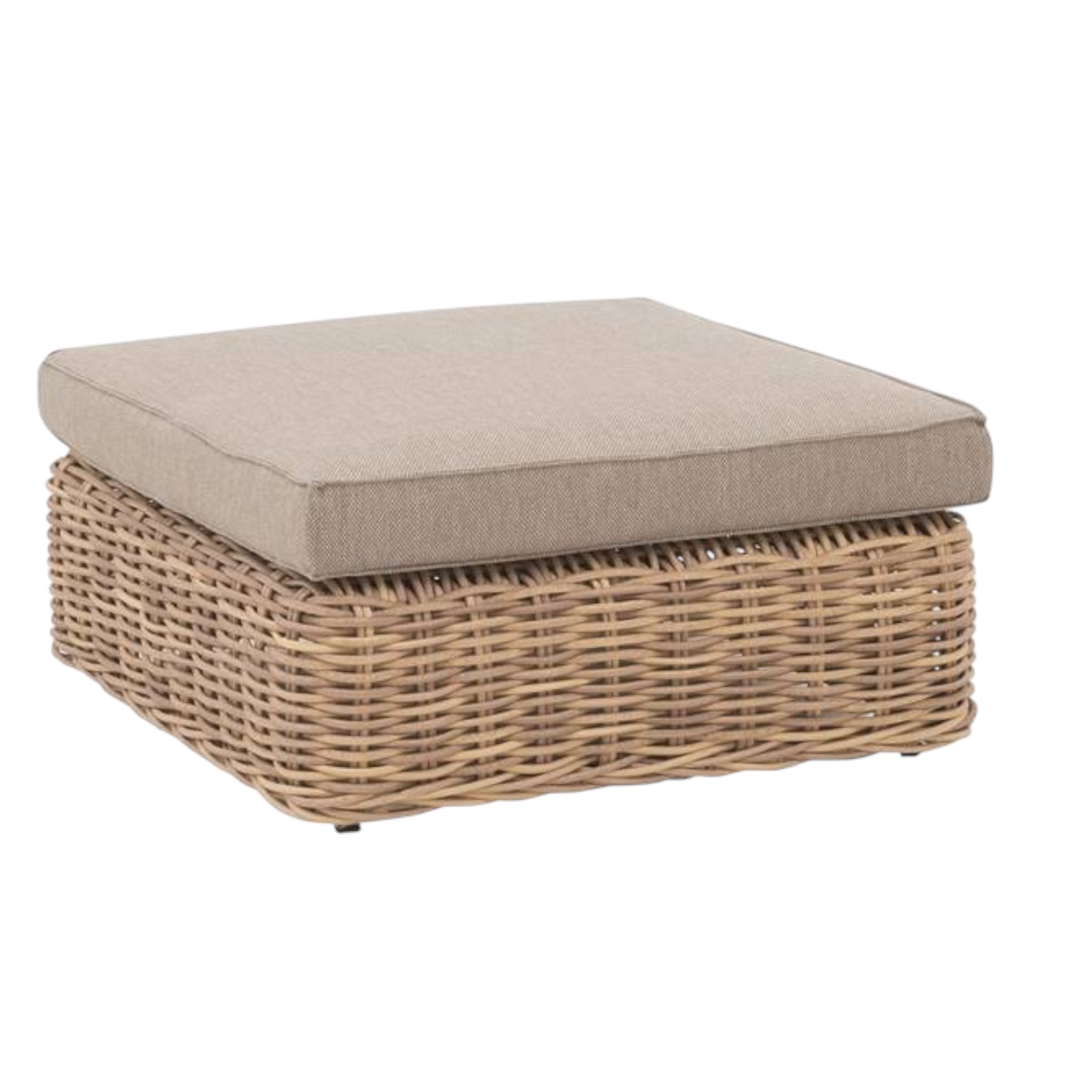 Pouf de jardin carré en résine tressée osier miel avec coussin gris beige
