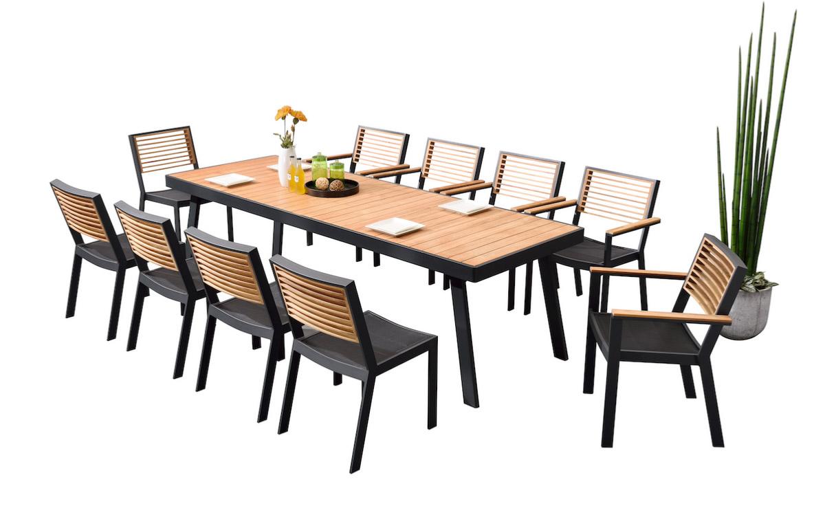 Chaise repas extérieur empilable en aluminium et teck - YORK NOIR