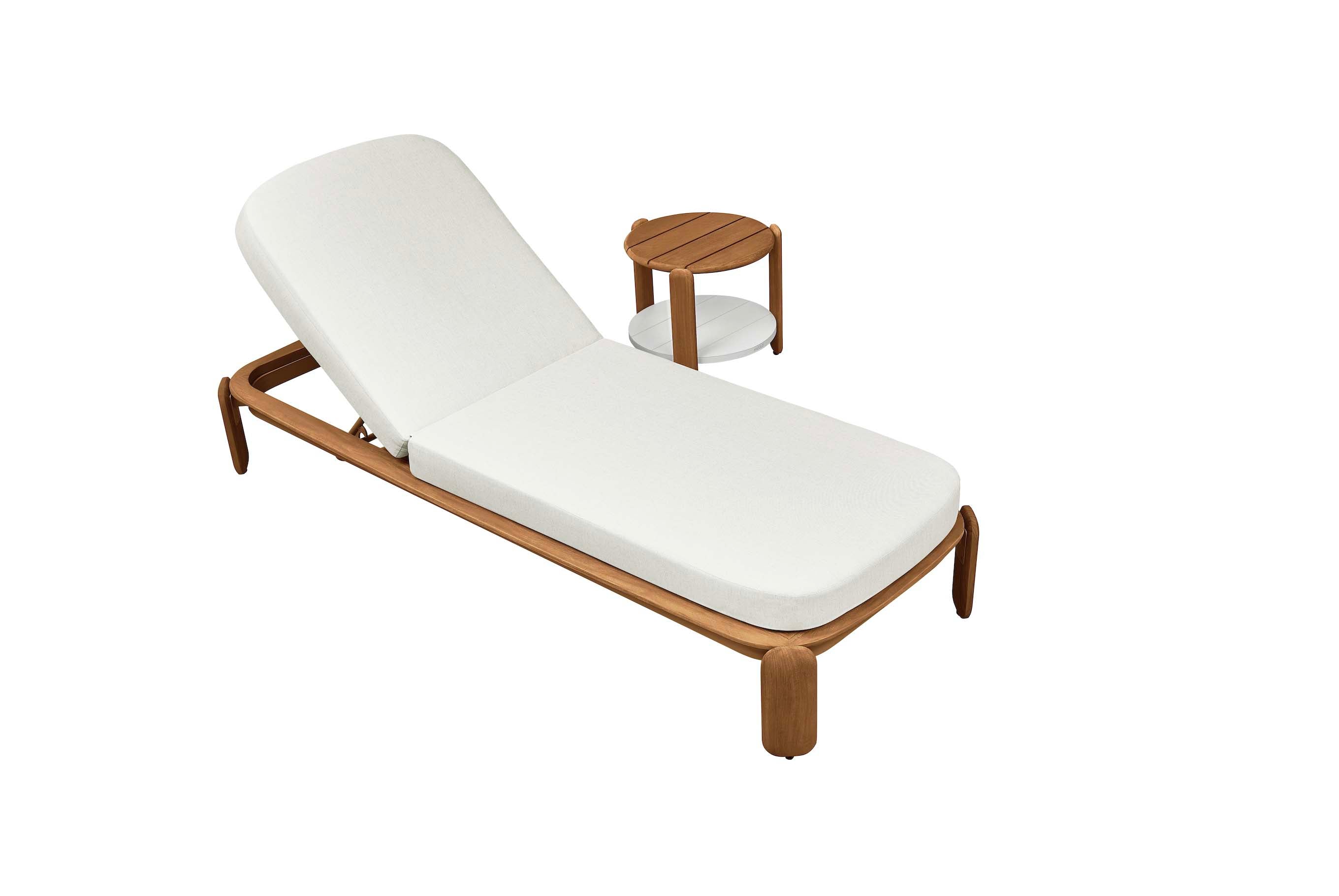 Duo de bain de soleil en teck FSC massif avec coussin en tissu acrylique déperlant blanc, design italien élégant, housse.