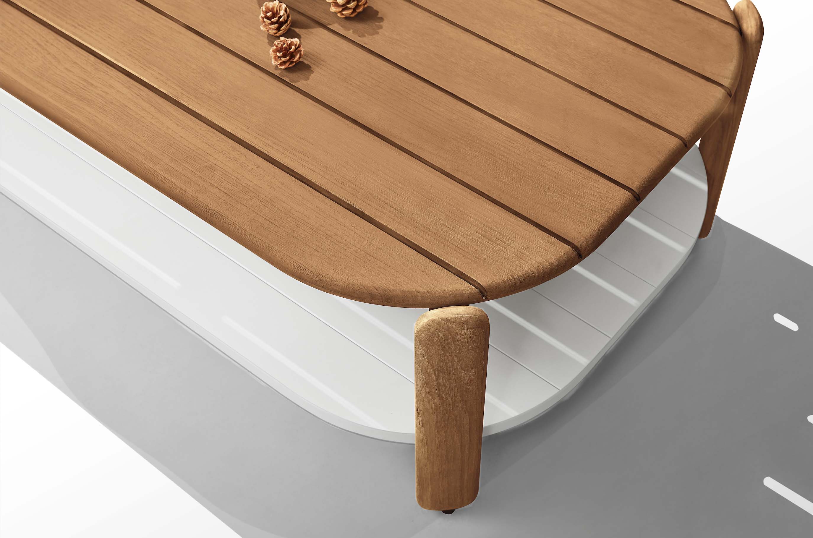 Table basse en teck massif FSC à design italien, lignes épurées, finition luxe mate, plateau arrondi, élégance.