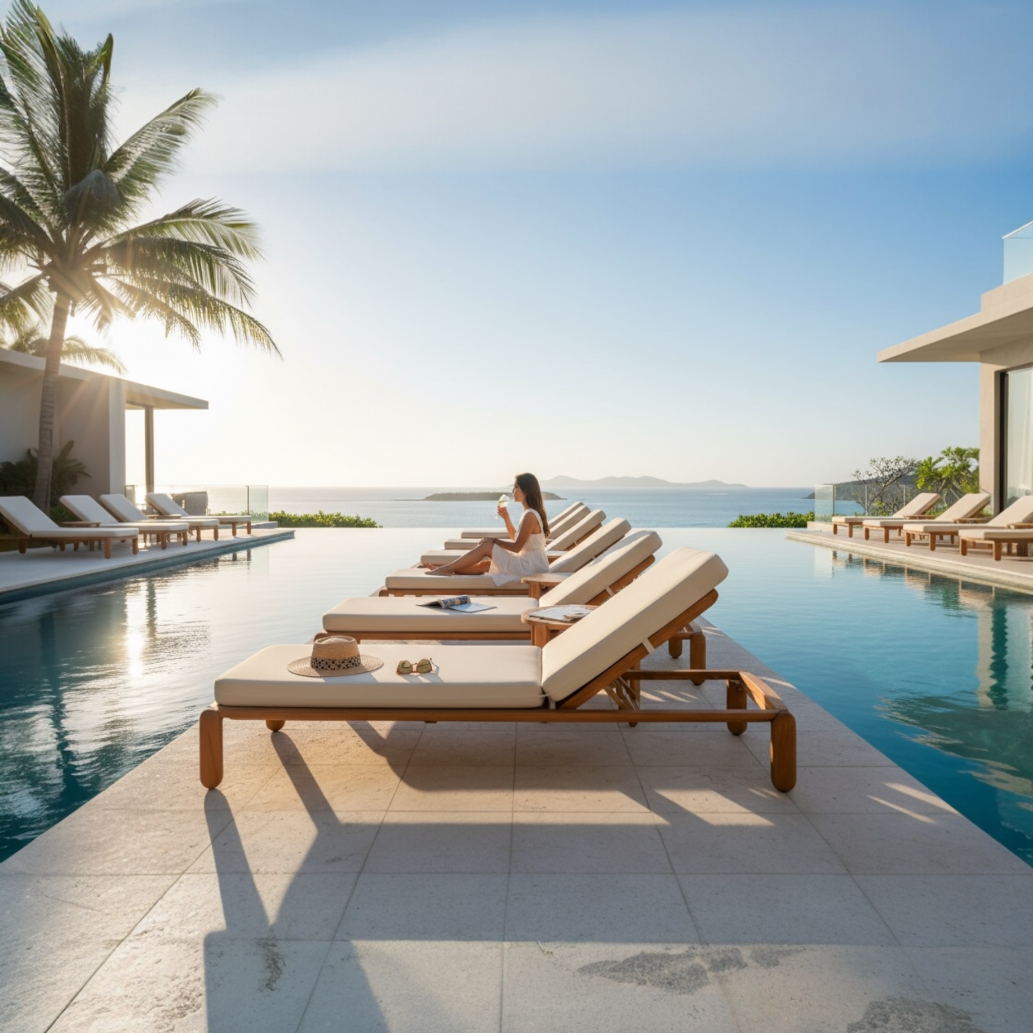 Duo de bains de soleil ROMA en teck massif FSC avec matelas confortables, dossier réglable multipositions et design italien minimaliste au bord de la piscine