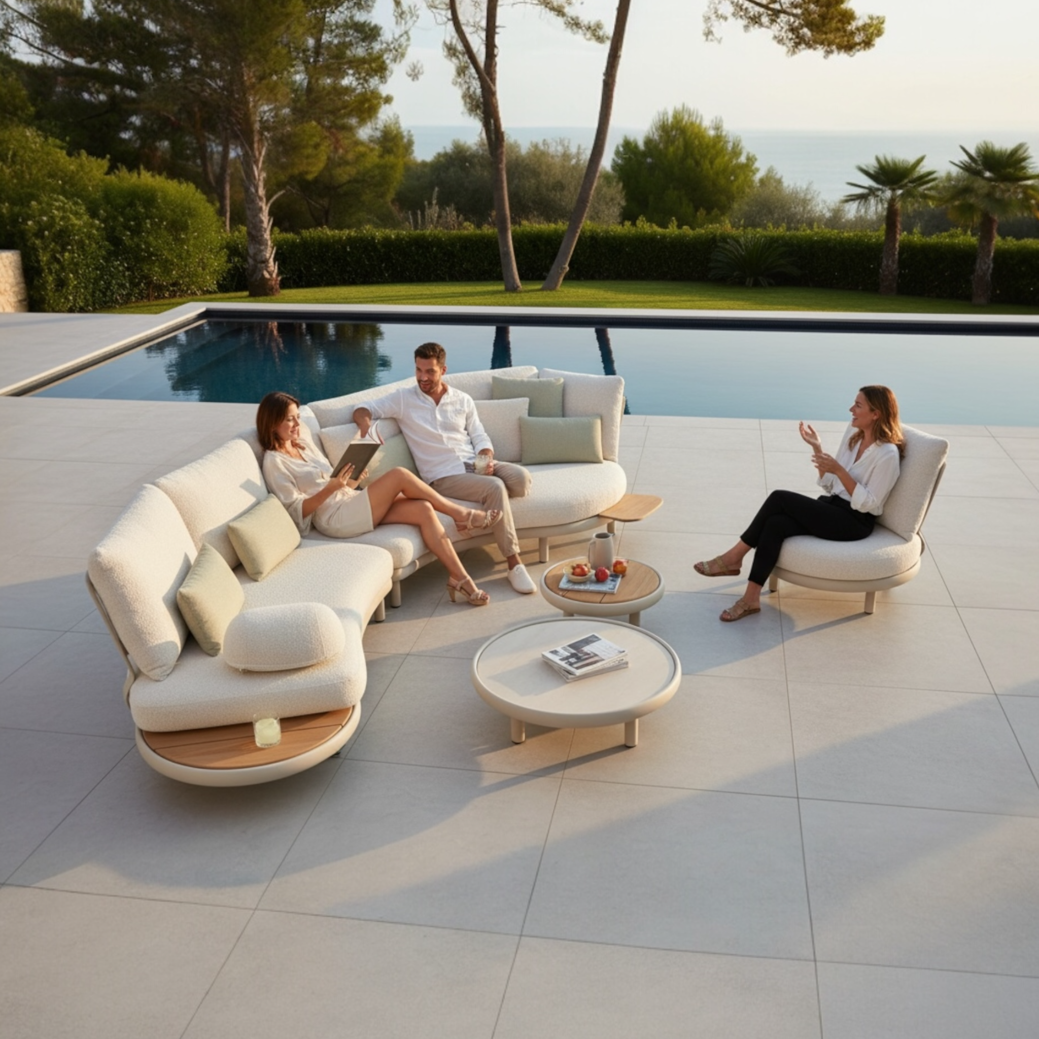 Canapé d'extérieur ROSA design belge avec structure aluminium thermolaqué et assises moelleuses tissu molletonné