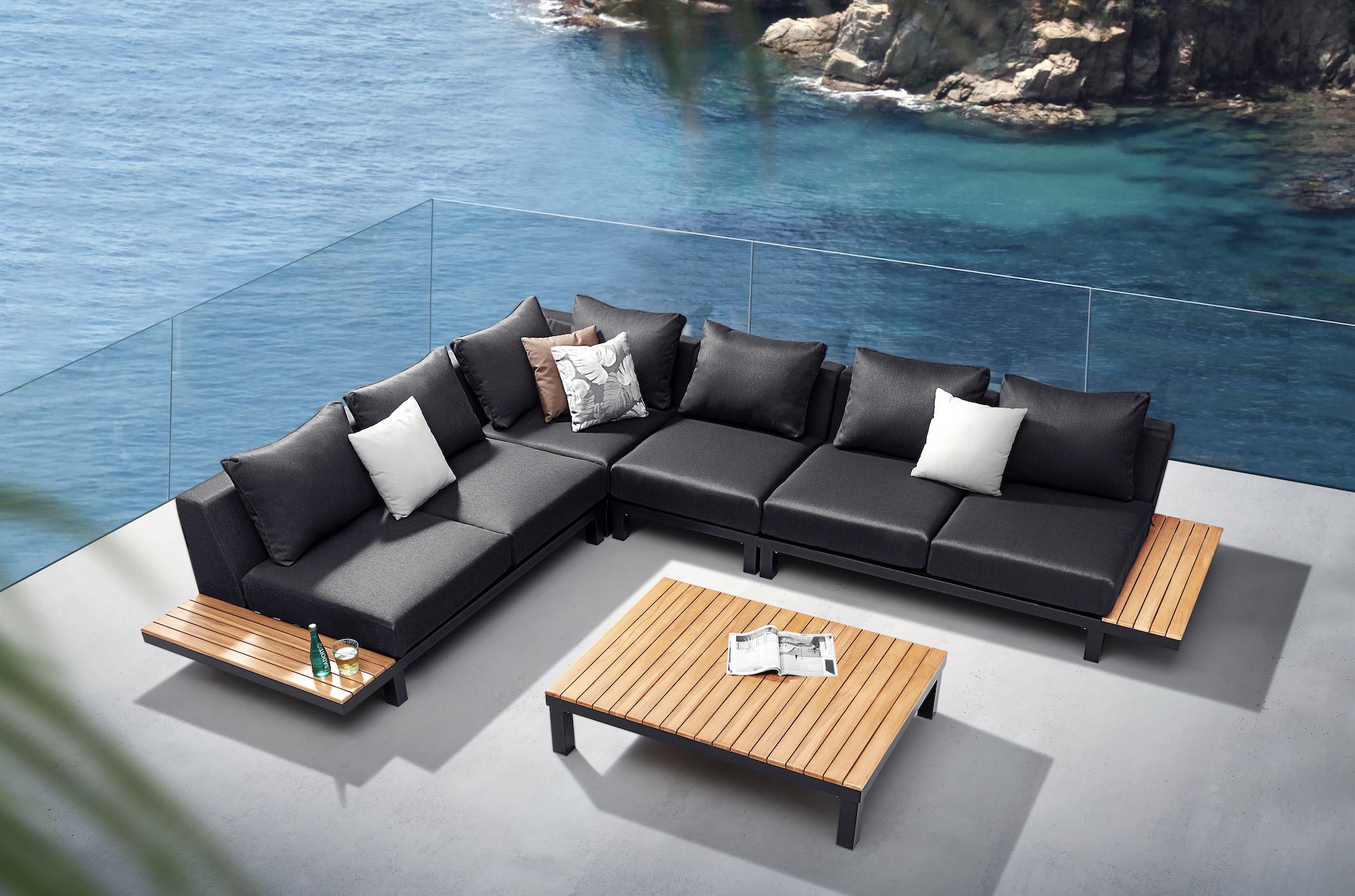 Salon de jardin en aluminium et en teck haut de gamme - ORSY NOIR