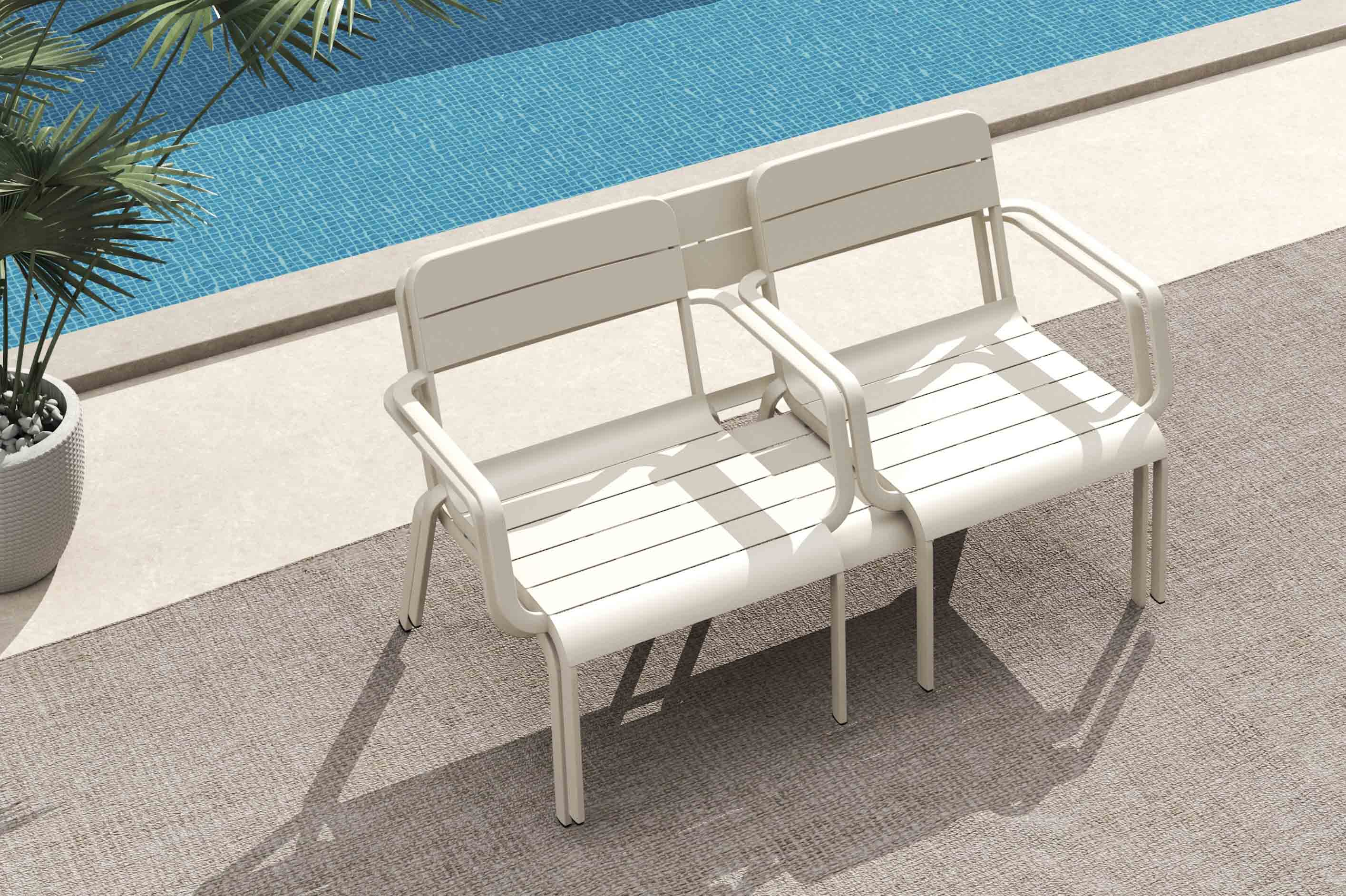 Canapé de jardin 2 places beige en aluminium haut de gamme avec peinture époxy, design innovant, empilable, style.