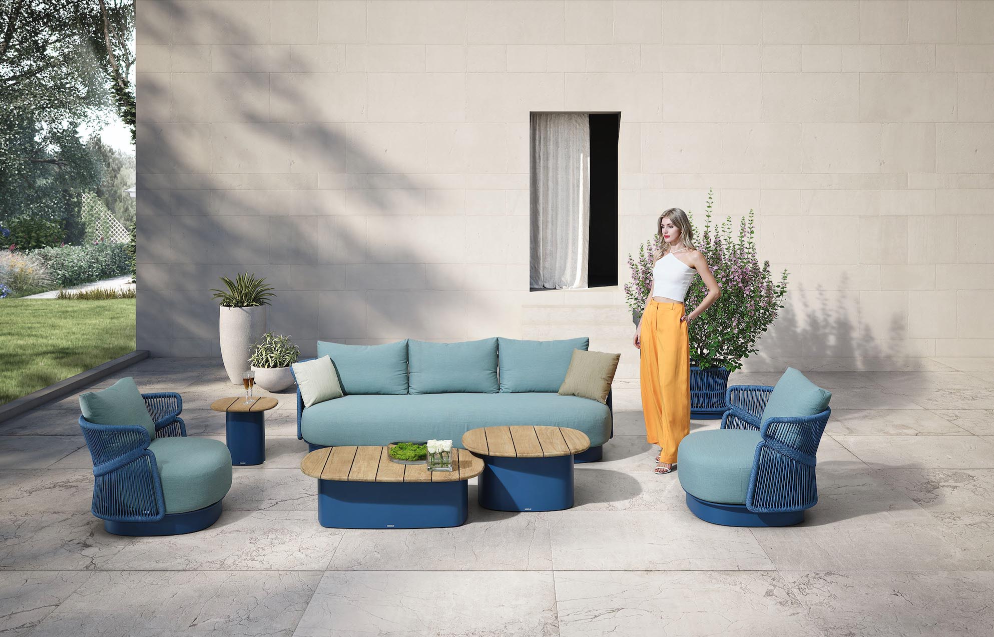 Salon de jardin luxueux design italien en aluminium bleu provençal, corde tressée, coussins oléfine déhoussables, plateau.