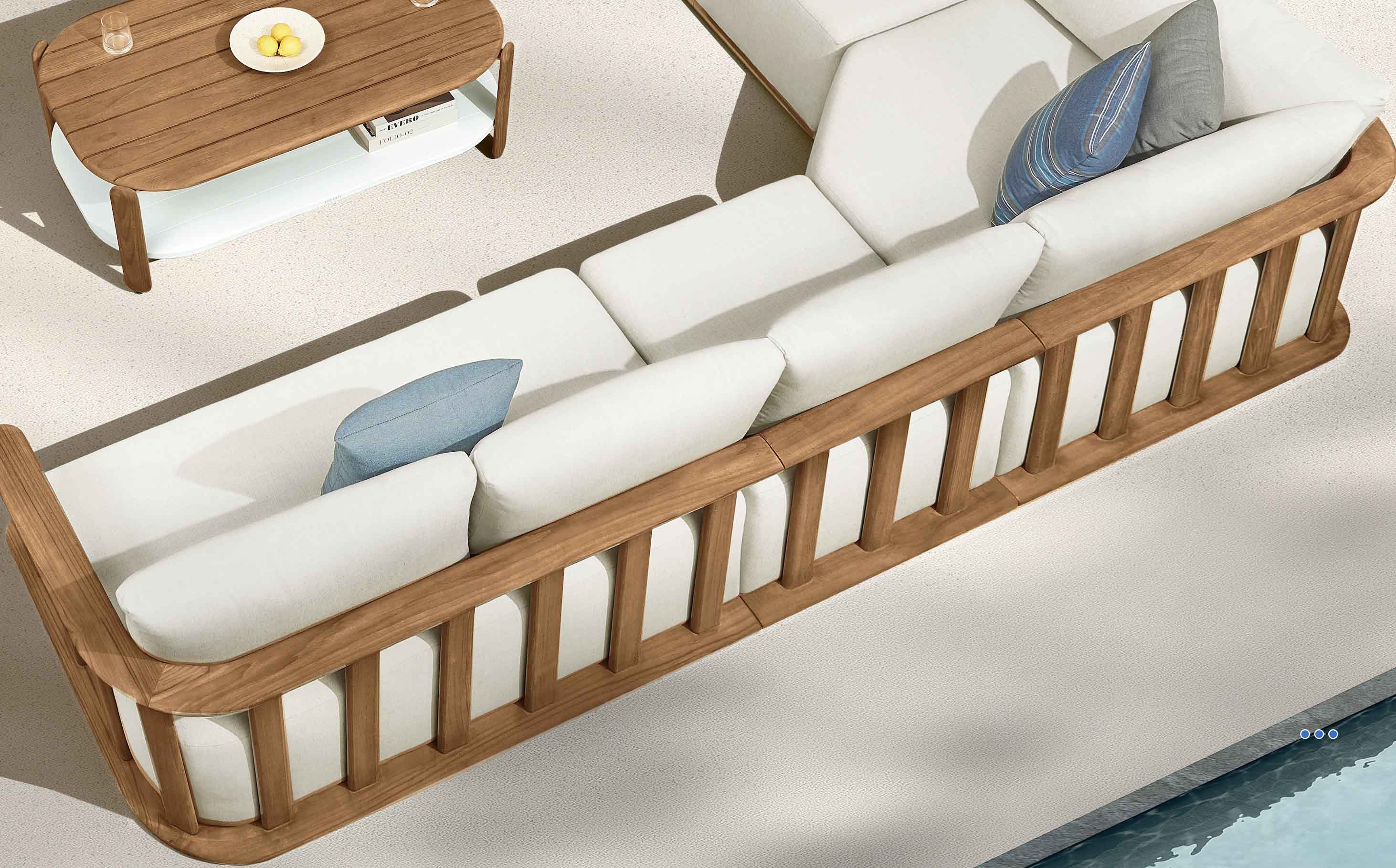 Salon de jardin d'angle en teck FSC massif, design italien élégant, coussins en tissu acrylique déperlant avec housse.