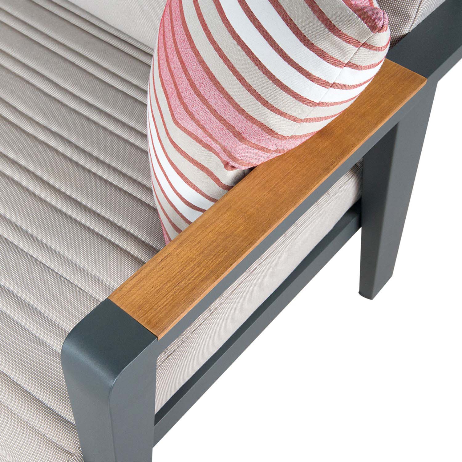Angle de salon d'extérieur en aluminium haut de gamme anthracite avec accoudoir en teck FSC et coussin en tissu oléfine.