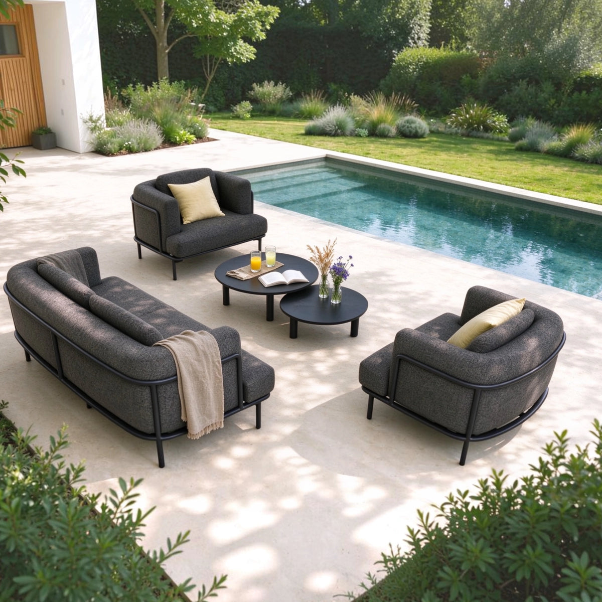 Canapé de jardin aluminium anthracite tissu Sunproof molletonné - FLORA NOIR