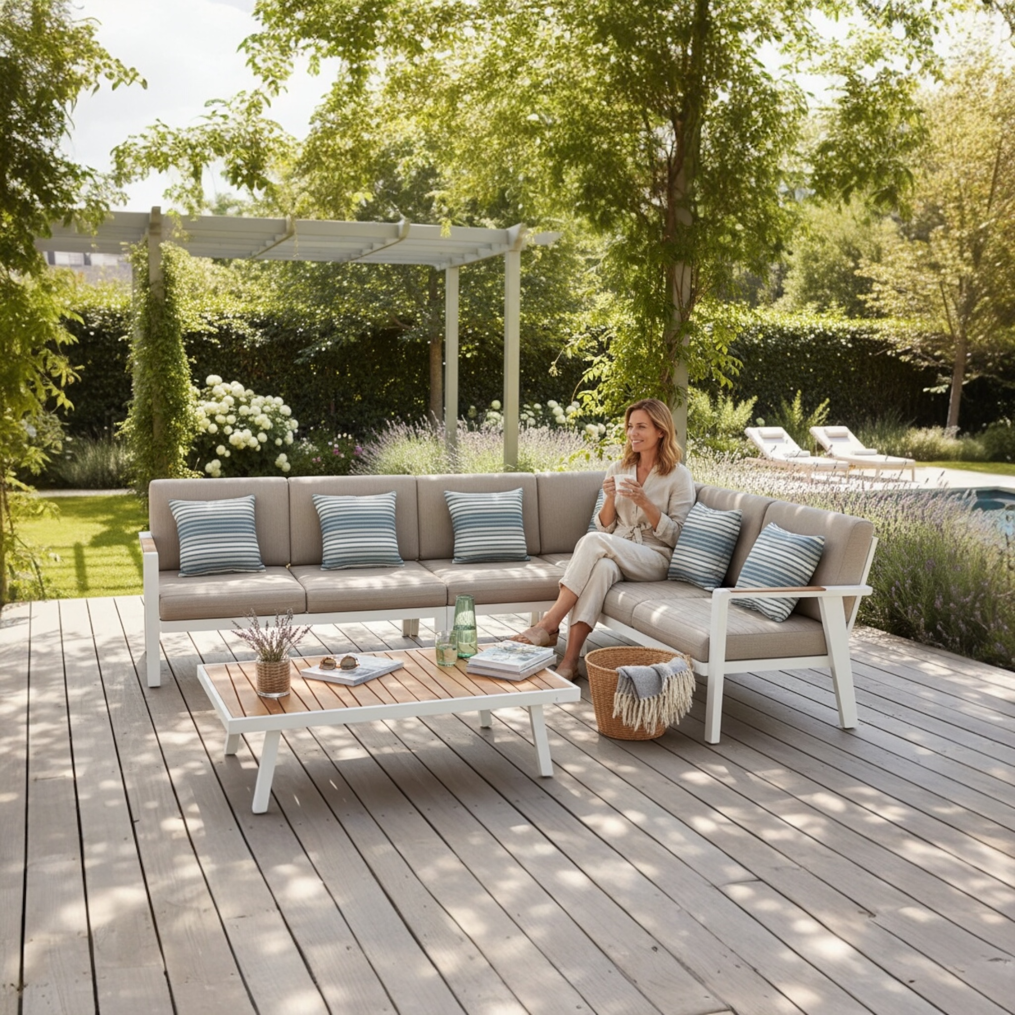 Salon de jardin d'angle en aluminium et en teck - LOVY COSY BLANC