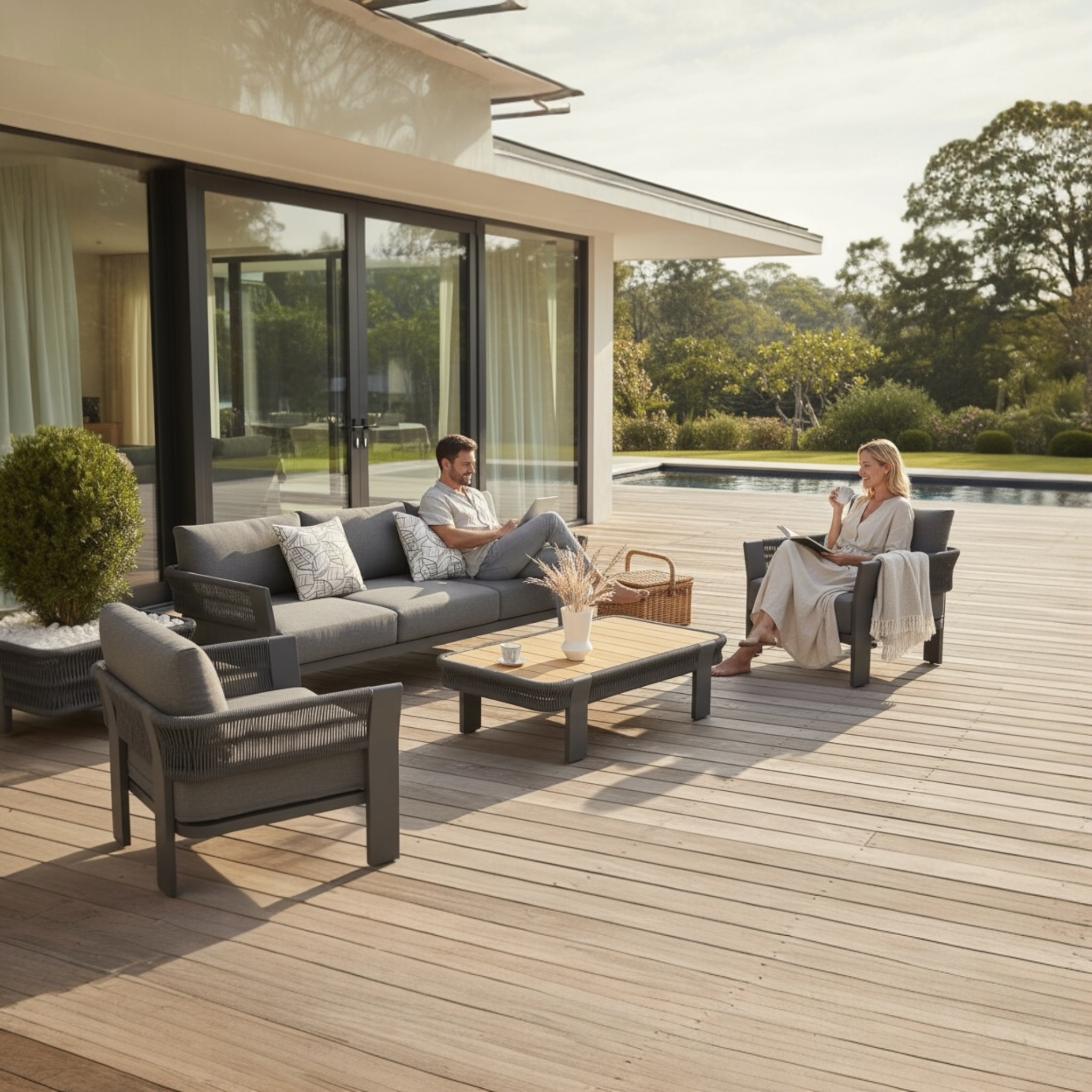 Salon de jardin design en aluminium et corde 5places - OLBY NOIR