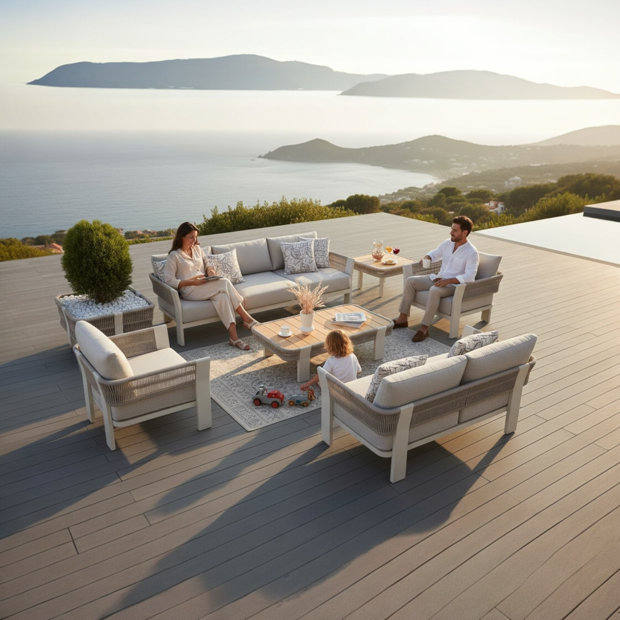 Salon de jardin design en aluminium et corde 7 places - OLBY XL