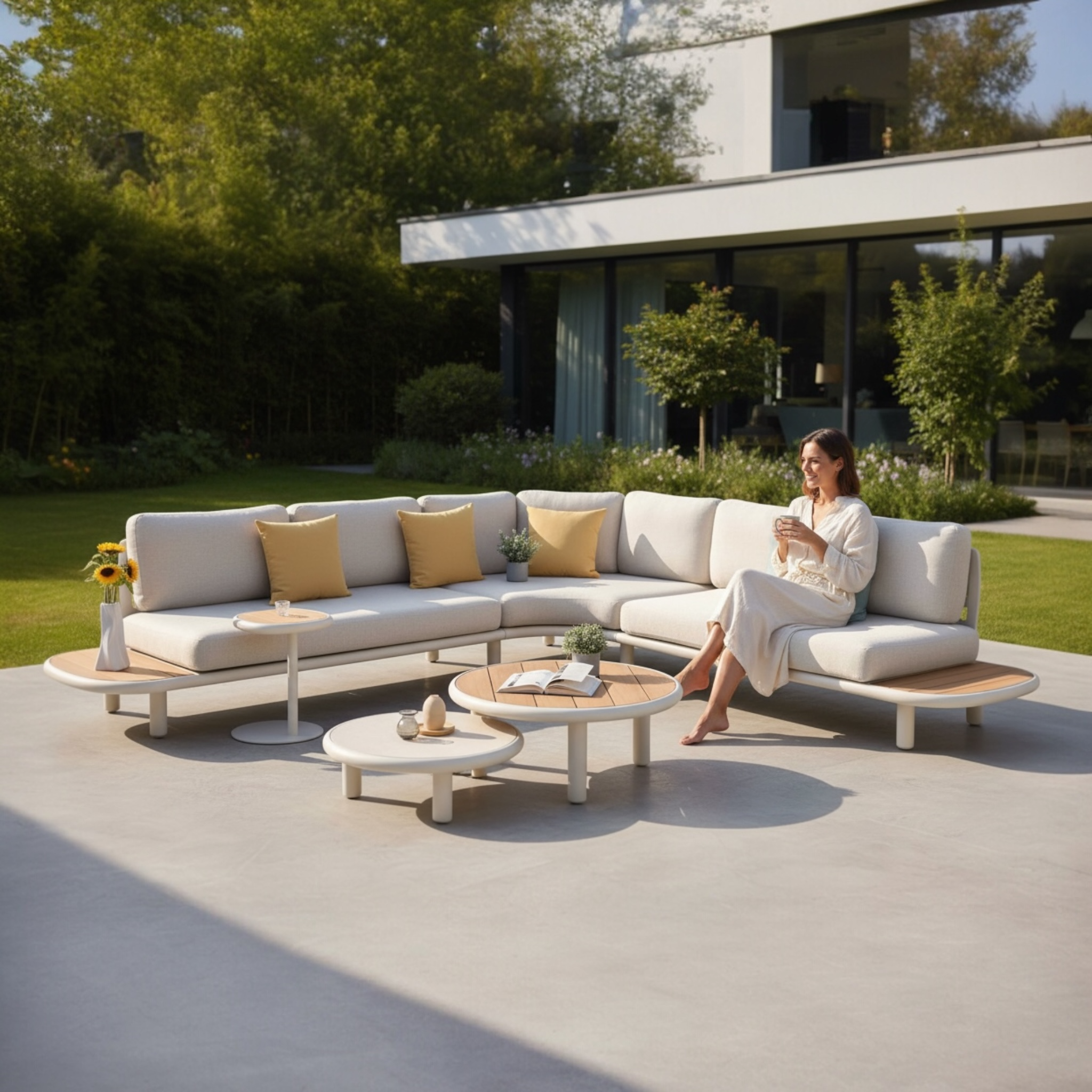 Salon de jardin d'angle haut de gamme en aluminium et teck - SANKA