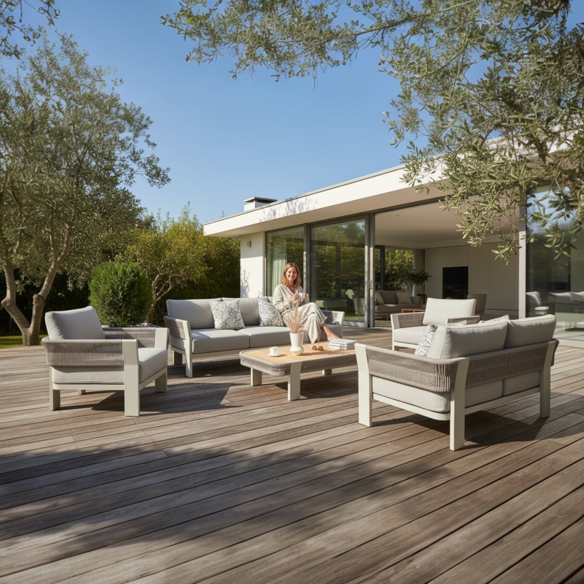 Salon de jardin design en aluminium et corde 7 places - OLBY XL