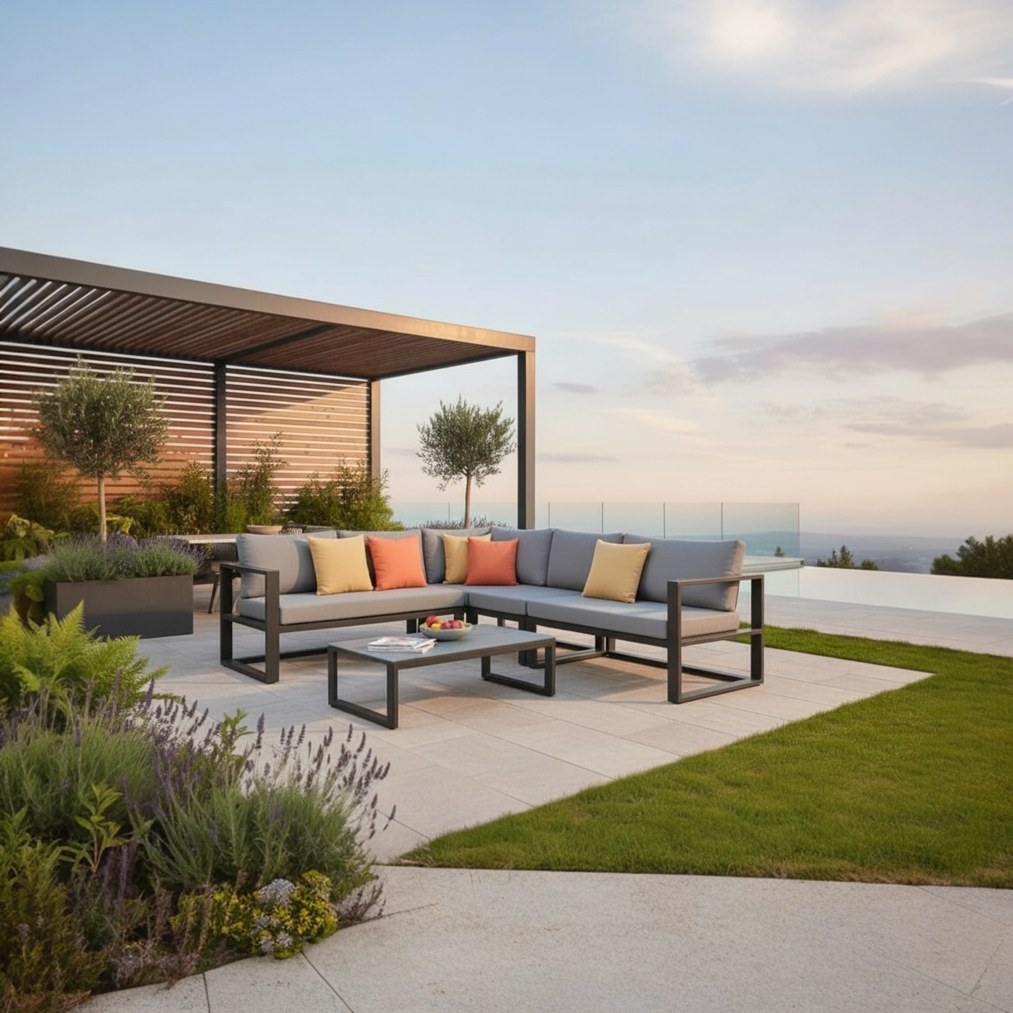 Salon de jardin modulable haut de gamme en aluminium noir mat, design élégant méditerranéen, coussins gris clair et orange. 