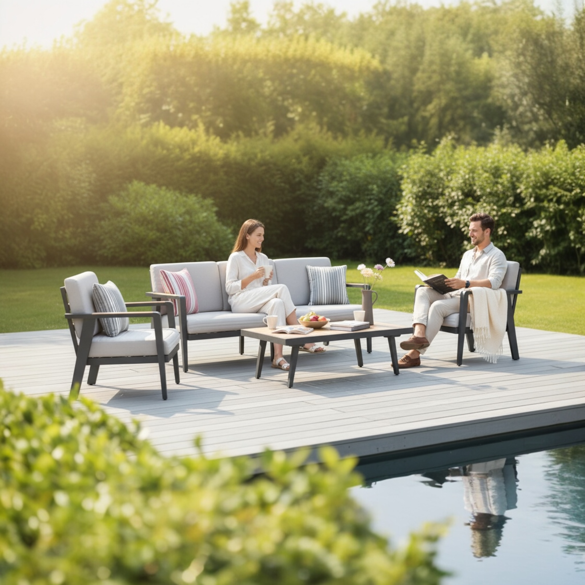 Salon de jardin luxe en aluminium haut de gamme et teck FSC, coussins en tissu oléfine déperlant et déhoussable, ambiance.