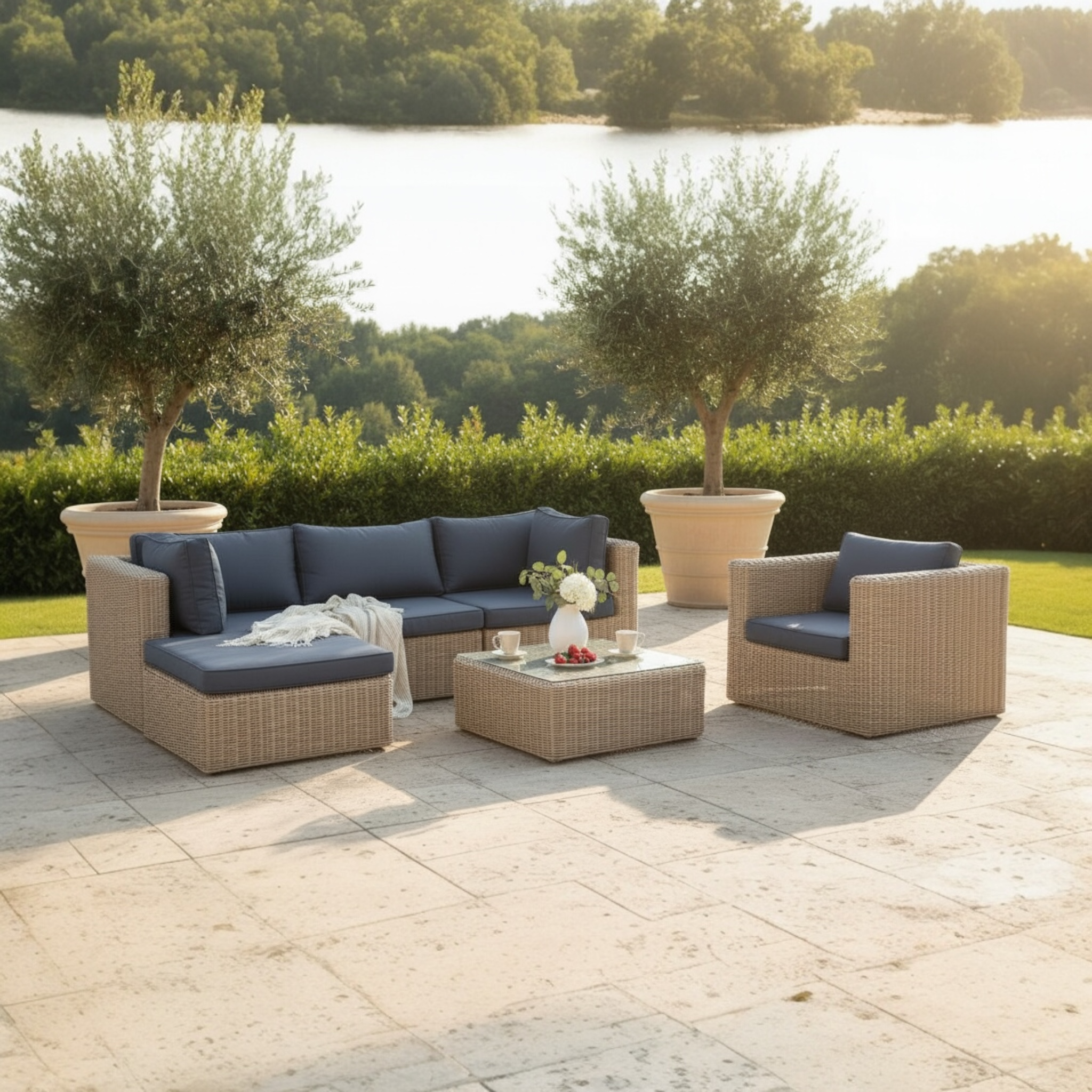 Salon de jardin modulable en résine tressée ronde beige, coussins déhoussables gris déperlants, design rustique et élégant.