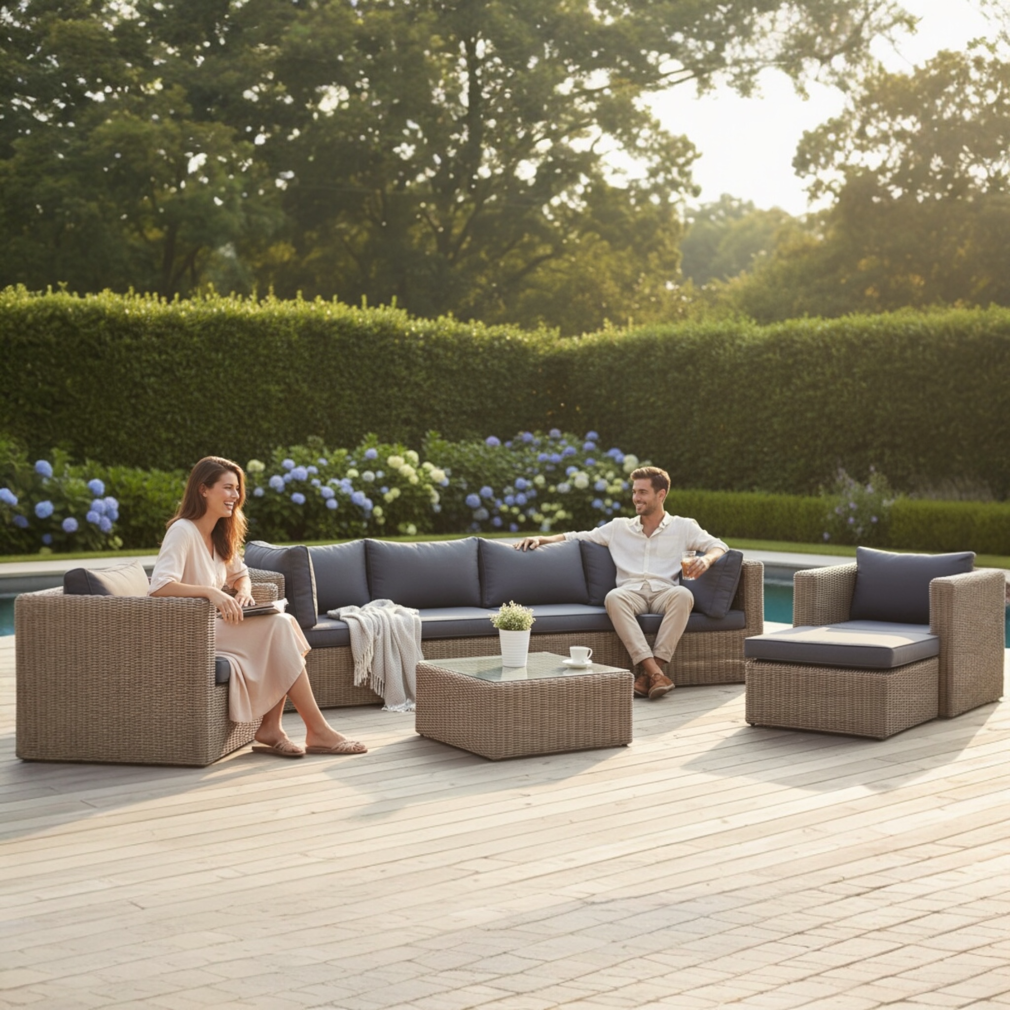 Salon de jardin rustique en résine tressée ronde coloris osier avec coussins déhoussables gris déperlants, design élégant.