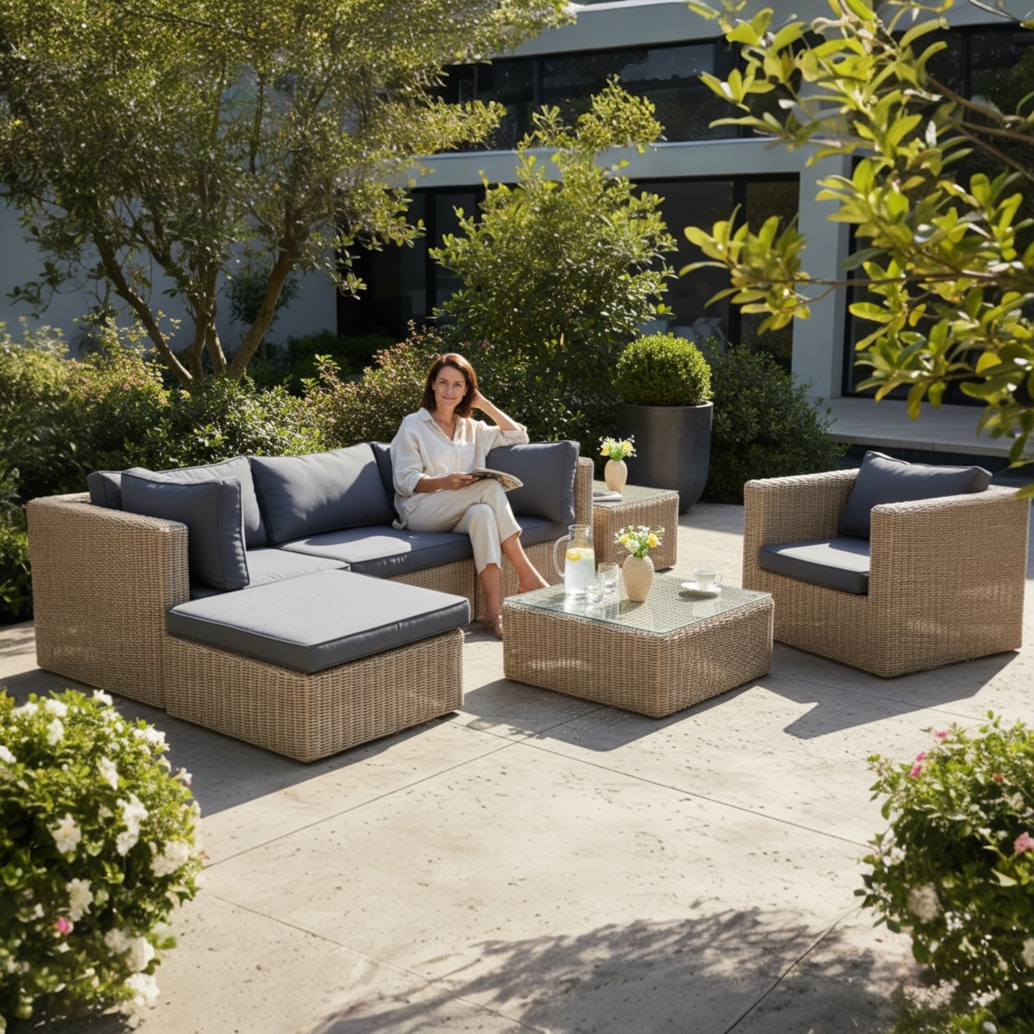 Salon de jardin modulable en résine tressée ronde couleur osier avec coussins déhoussables déperlants gris, design rustique.