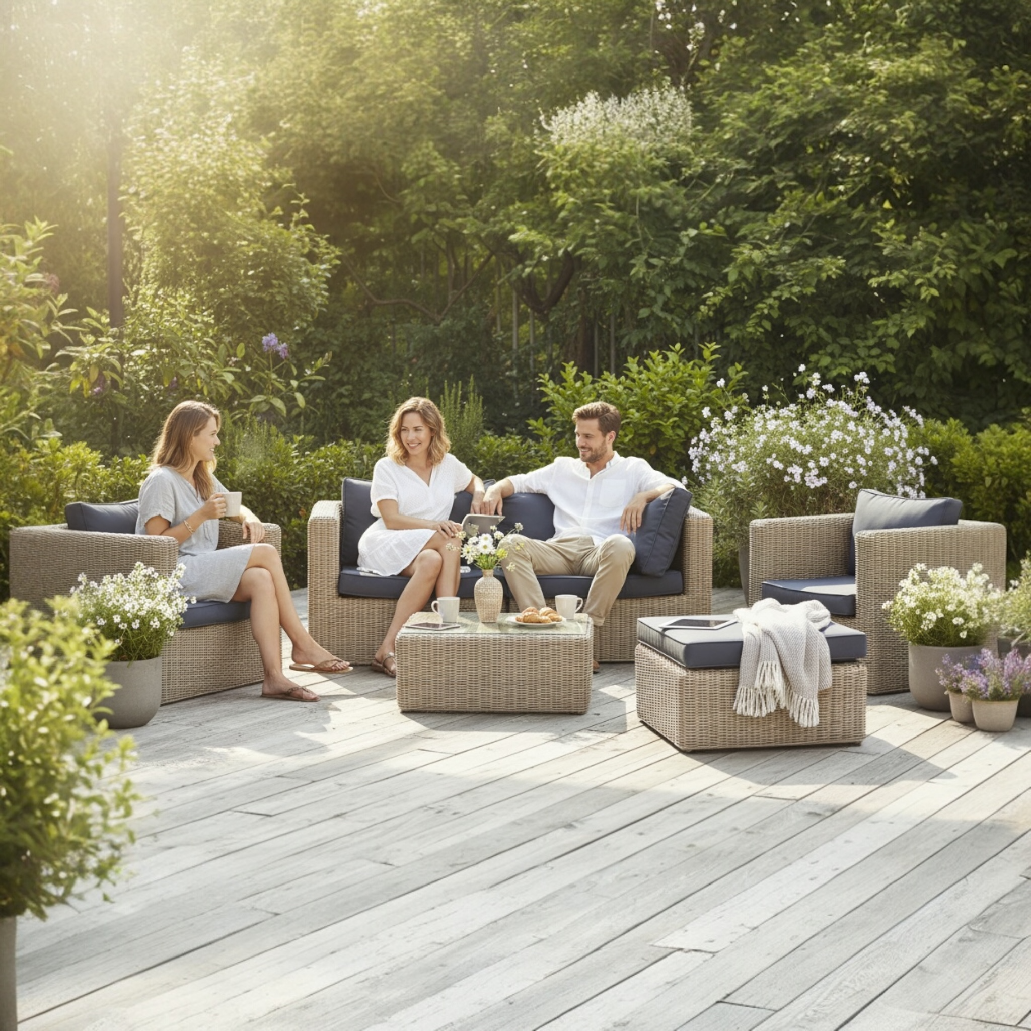 Salon de jardin modulable en résine tressée ronde beige avec coussins déhoussables déperlants, design rustique et élégance.