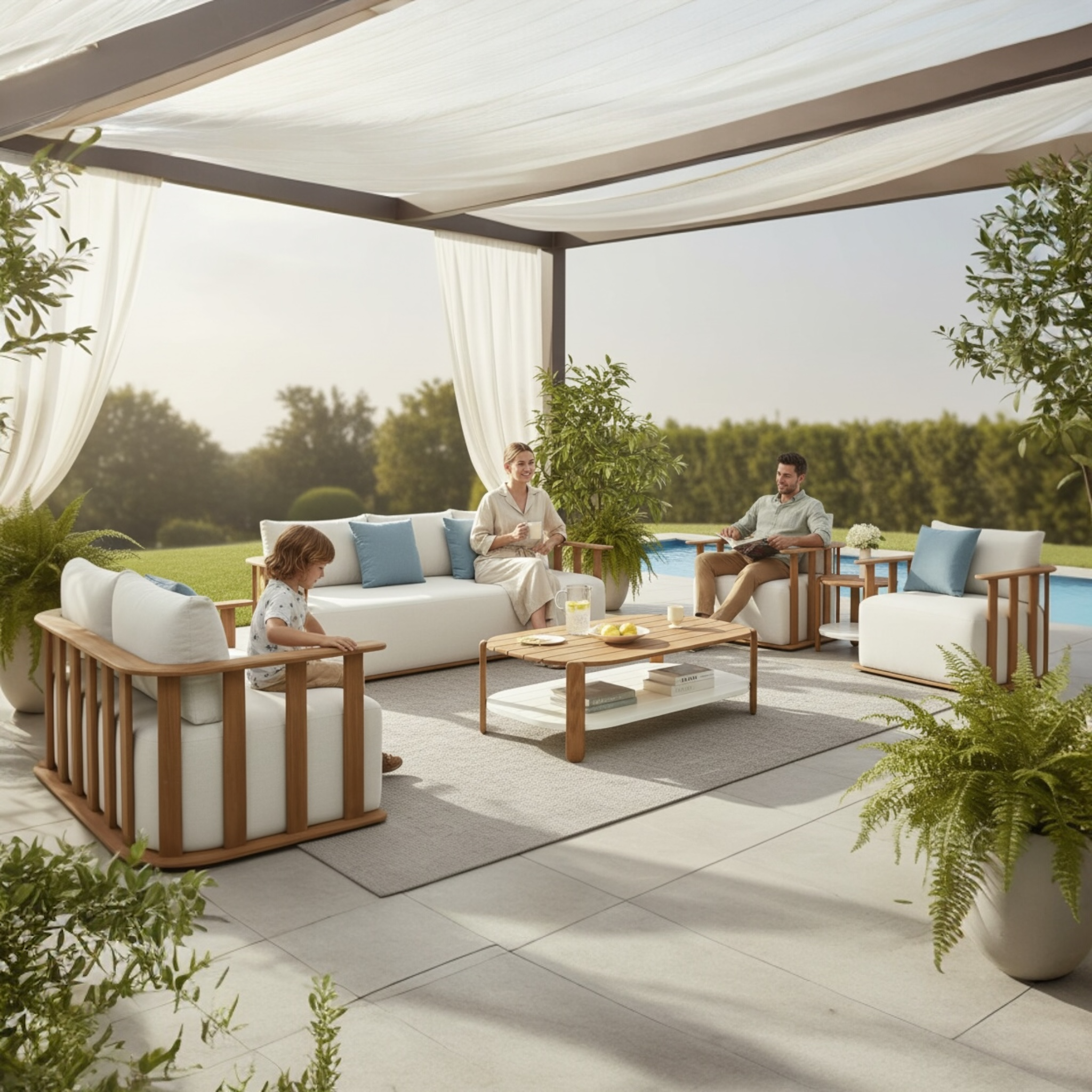 Salon de jardin 7 places en teck FSC massif avec coussins en tissu acrylique déperlant, housses déhoussables, design italien. 