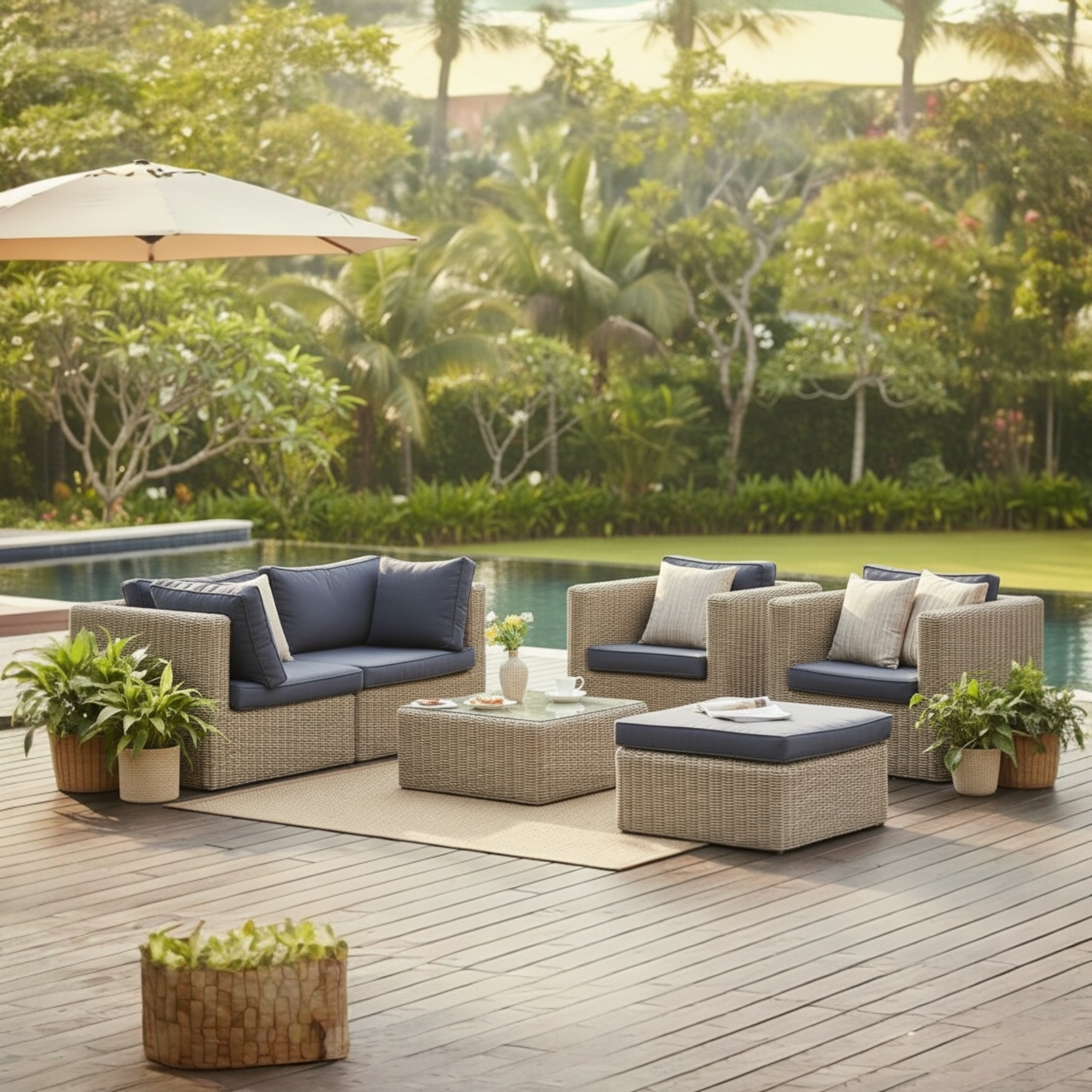 Salon de jardin modulable en résine tressée ronde coloris osier, coussins déhoussables déperlants bleu marine et beige